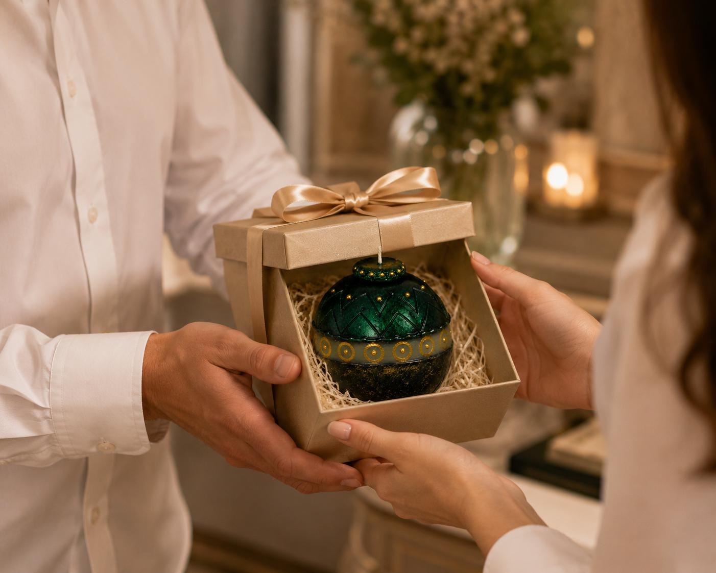 Luxury Green Decorative Candle emerald gold candle for unique home decor, elegant hostess gift, artistic candle styling, and housewarming gift. Product image 7.