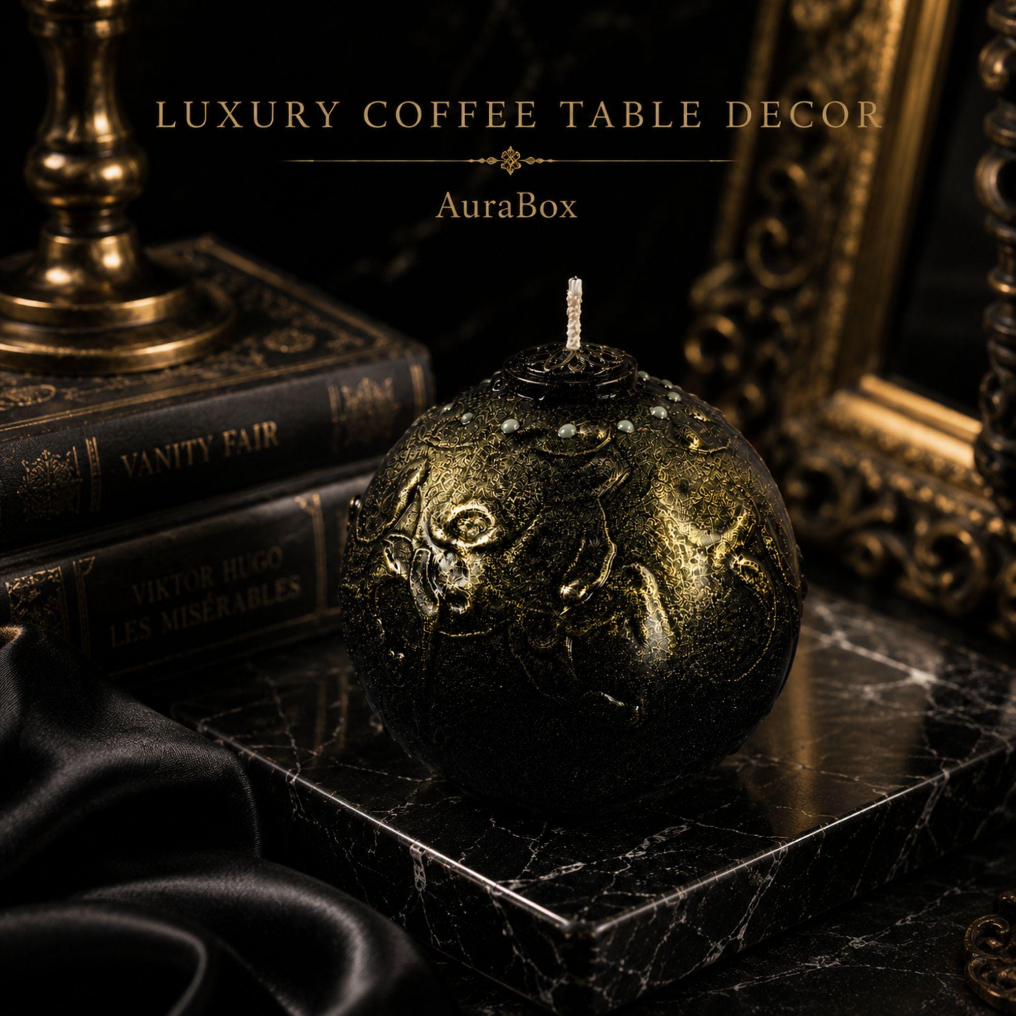 Gothic Luxury Candle black gold decorative candle for gothic home decor, sculptural sphere candle styling, and luxury housewarming gift. Product image 3.