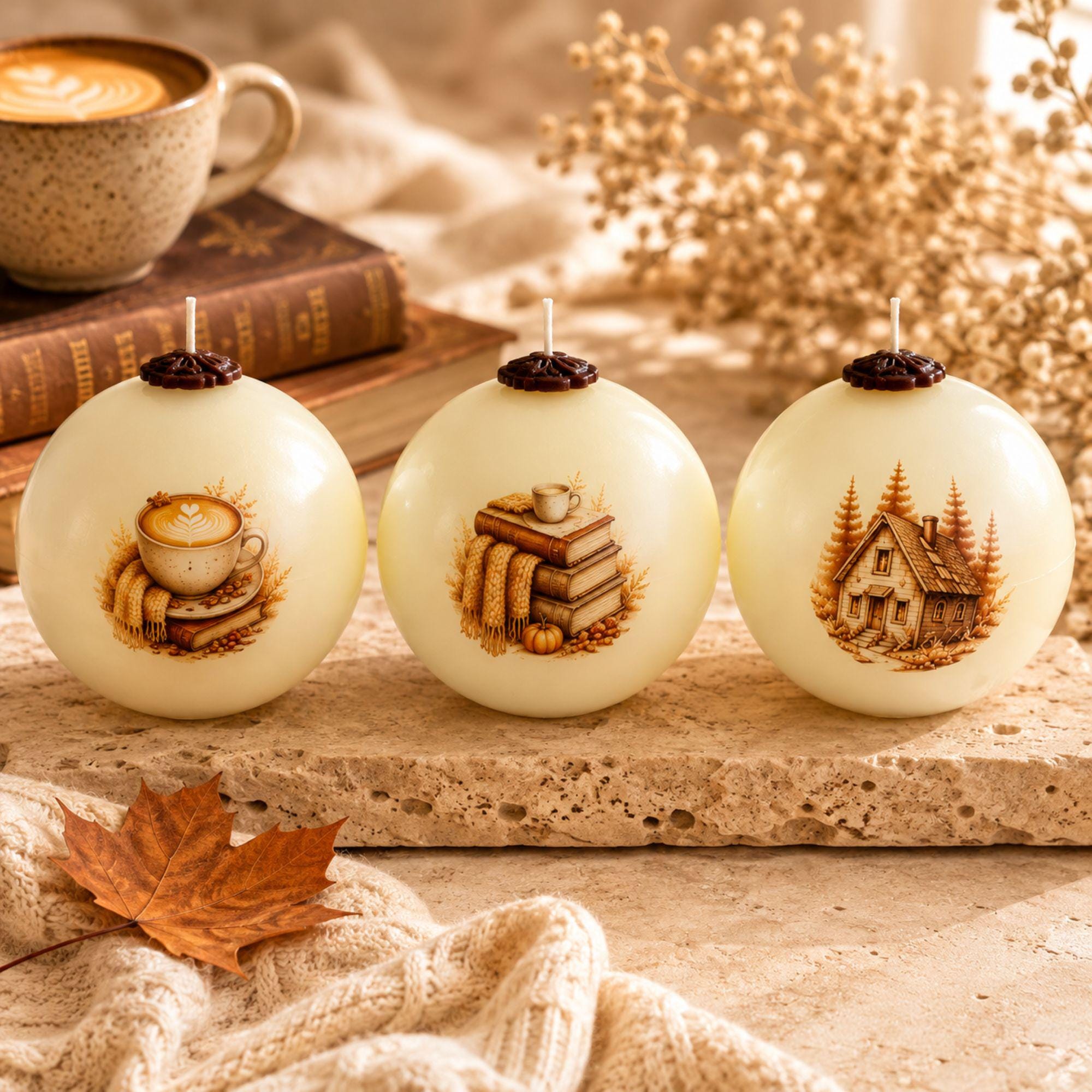 Autumn Candle handmade coffee lover fall decor sphere candle for cottagecore styling, Thanksgiving decor, hostess gift, and cozy housewarming gift. Product image 4.