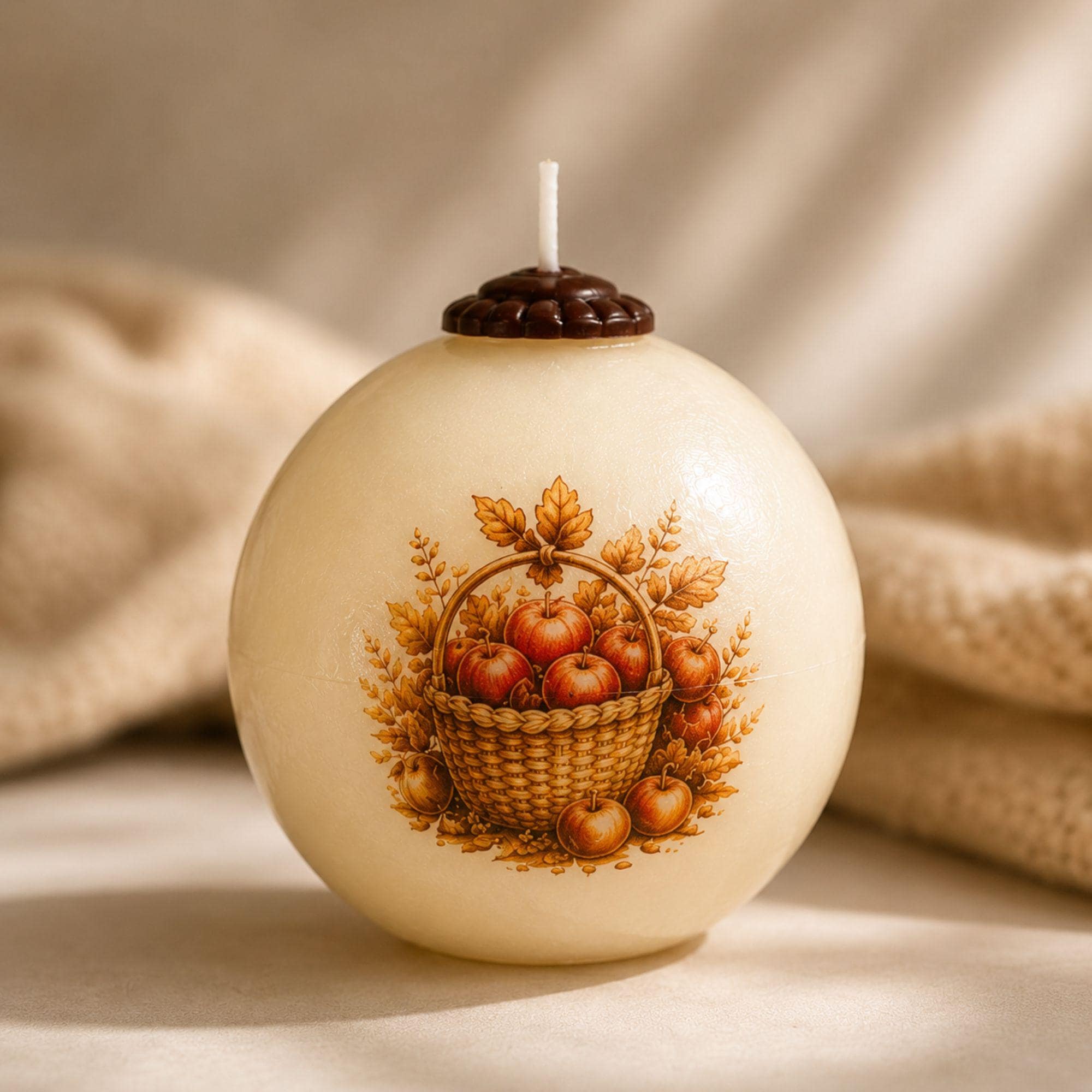 Apple Basket Candle handmade fall decor sphere candle for autumn decor, farmhouse harvest styling, Thanksgiving centerpiece, and housewarming gift. Product image 1.