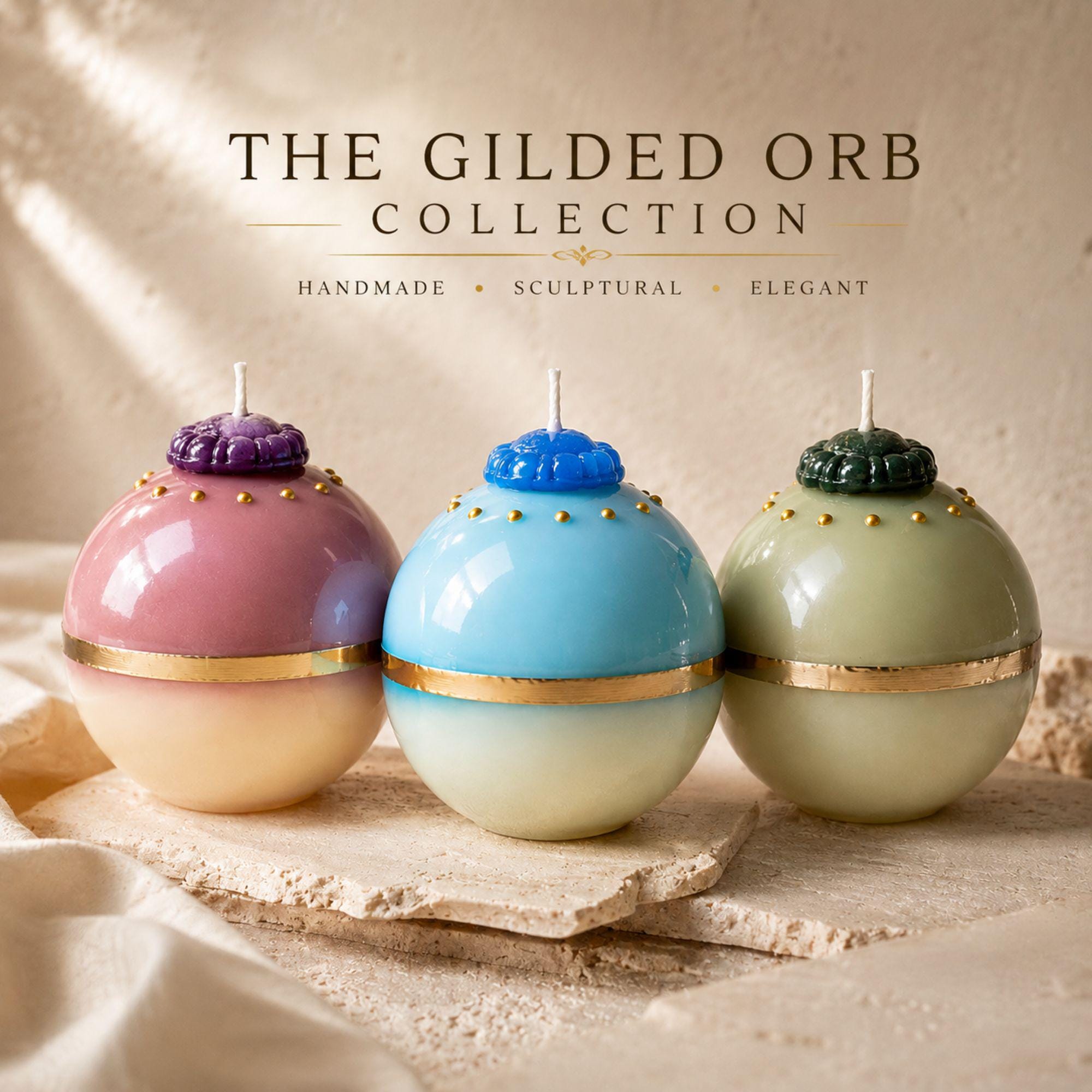 Handmade decorative sphere candles with gold accents in blush pink and purple, aqua blue, and pale green with dark green detail. Unscented 3 inch sculptural ball candles from the Gilded Orb Collection, available individually or as a trio, gift ready in a gift box with personalized gift note included. Unique artistic candle decor for coffee table styling, housewarming gifts, hostess gifts, birthdays, and gifts for her.