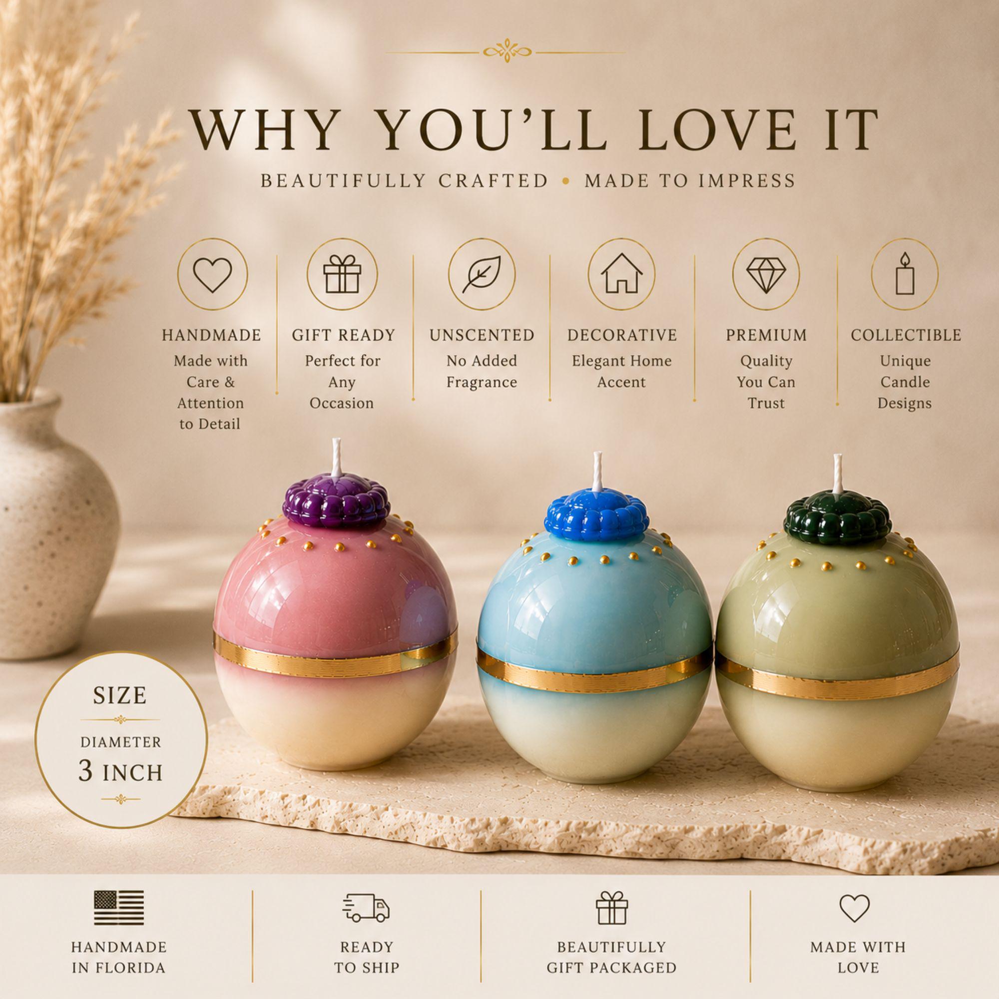 Gilded Orb Collection of handmade 3 inch unscented sphere candles with gold detailing and colorful sculptural designs. Gift ready decorative candles available in pink, blue and green, designed as collectible home accents and unique handmade candle gifts.