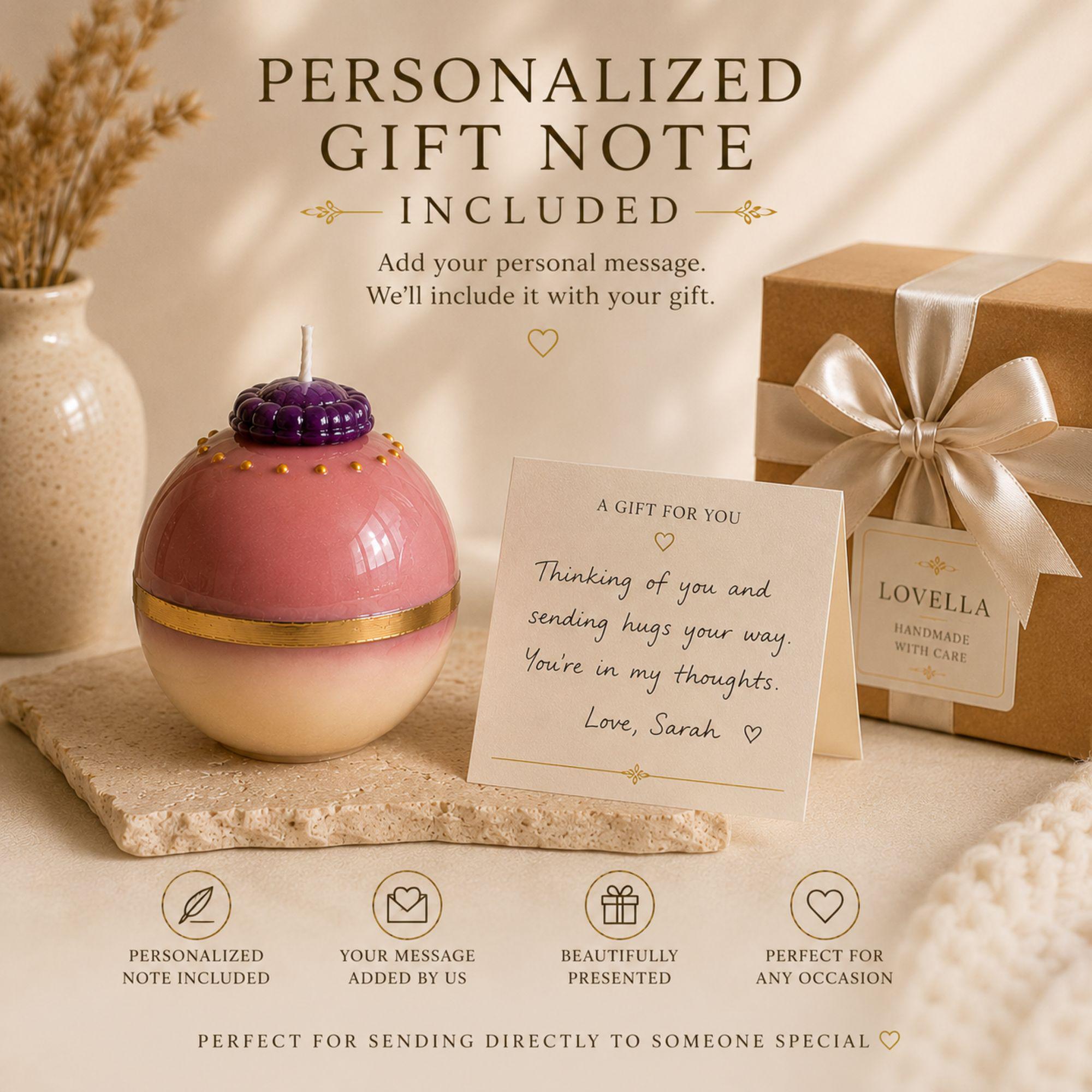 Gift ready handmade decorative sphere candle with personalized gift note included and elegant gift box packaging. Unique gold accent ball candle gift can be sent directly to someone special for a birthday, housewarming, hostess gift, thank you gift or thoughtful gift for her.