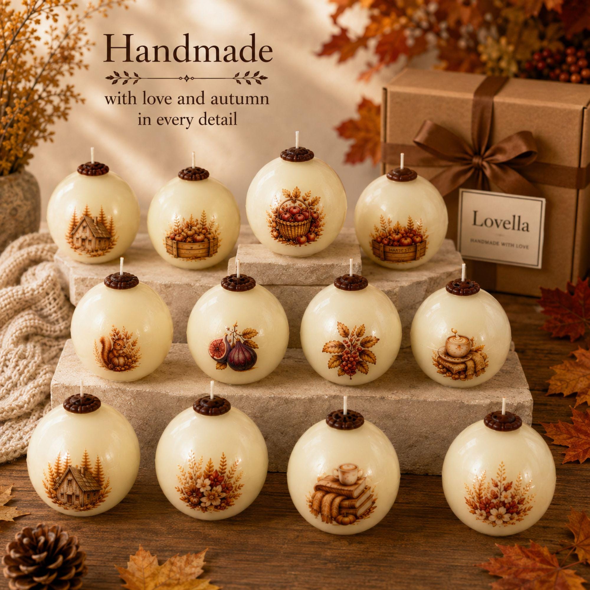 Handmade autumn sphere candle collection featuring ivory decorative fall candles with woodland cottage, mushrooms, harvest apples, pumpkins, acorns, squirrel, figs, berries, fall leaves, flowers, coffee and cozy book designs. Styled as glowing fall home decor for Thanksgiving table centerpiece, autumn dining table decor, fall mantel decoration, rustic farmhouse decor, cottagecore decor and cozy cabin decor. Unique fall candles for hostess gifts, housewarming gifts and Thanksgiving entertaining.