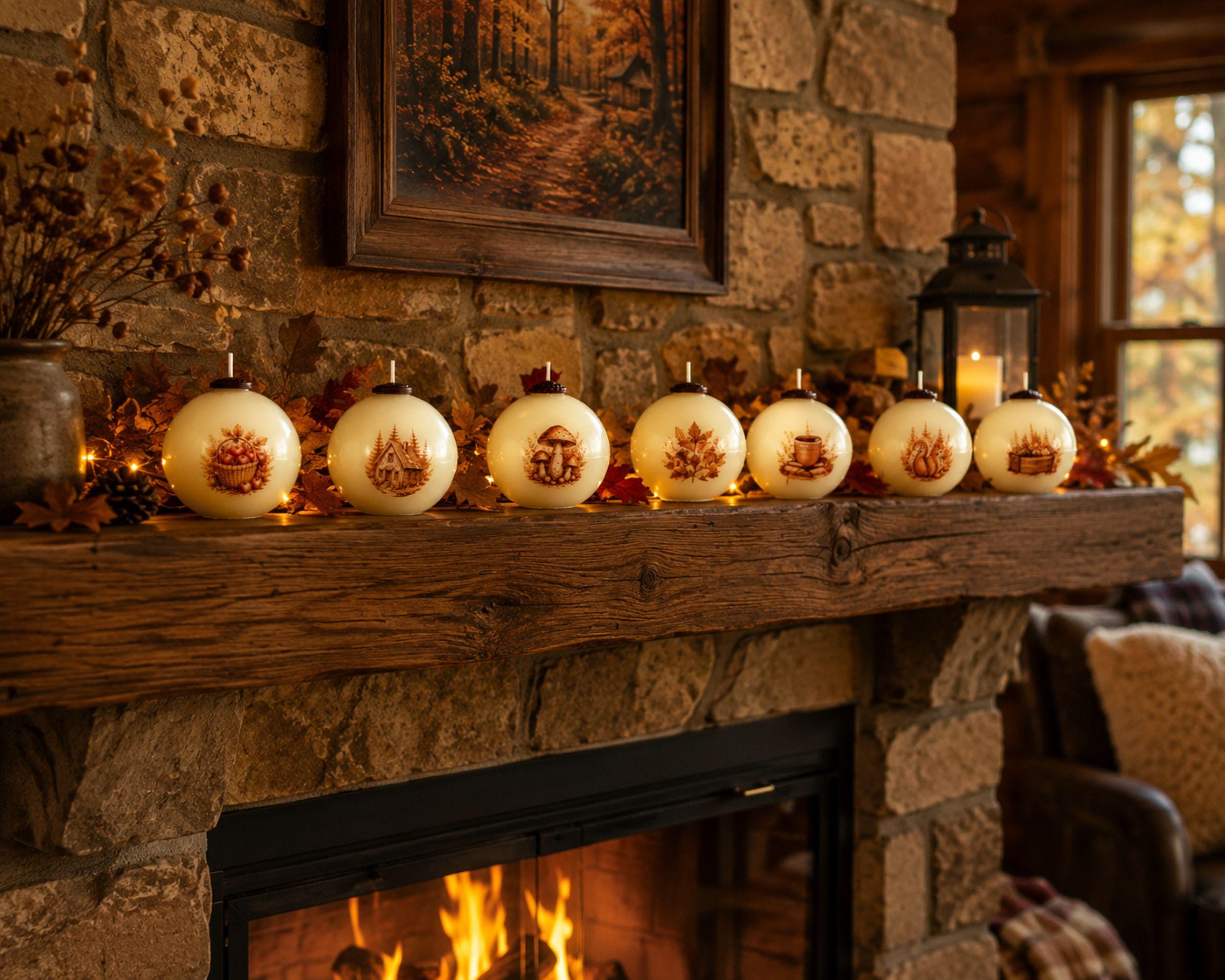 Handmade autumn sphere candle collection featuring ivory decorative fall candles with woodland cottage, mushrooms, harvest apples, pumpkins, acorns, squirrel, figs, berries, fall leaves, flowers, coffee and cozy book designs. Styled as glowing fall home decor for Thanksgiving table centerpiece, autumn dining table decor, fall mantel decoration, rustic farmhouse decor, cottagecore decor and cozy cabin decor. Unique fall candles for hostess gifts, housewarming gifts and Thanksgiving entertaining.