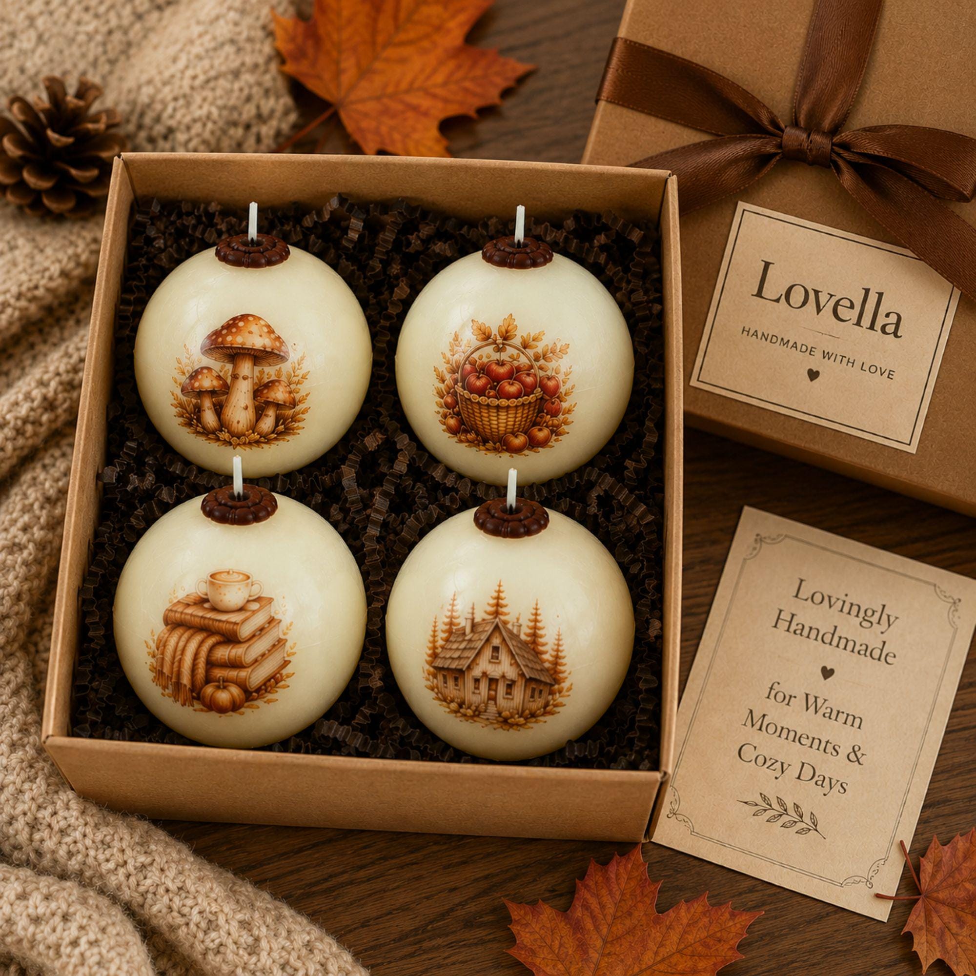 Handmade autumn sphere candle collection featuring ivory decorative fall candles with woodland cottage, mushrooms, harvest apples, pumpkins, acorns, squirrel, figs, berries, fall leaves, flowers, coffee and cozy book designs. Styled as glowing fall home decor for Thanksgiving table centerpiece, autumn dining table decor, fall mantel decoration, rustic farmhouse decor, cottagecore decor and cozy cabin decor. Unique fall candles for hostess gifts, housewarming gifts and Thanksgiving entertaining.