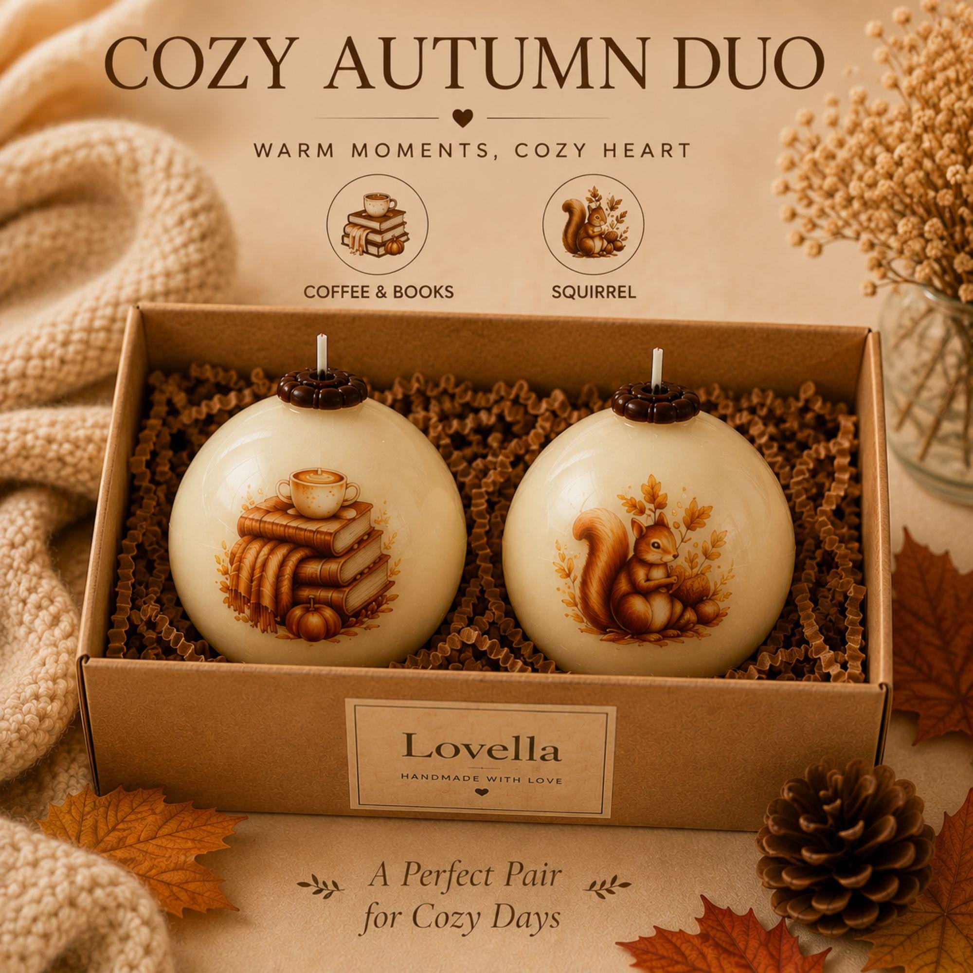 Handmade autumn sphere candle collection featuring ivory decorative fall candles with woodland cottage, mushrooms, harvest apples, pumpkins, acorns, squirrel, figs, berries, fall leaves, flowers, coffee and cozy book designs. Styled as glowing fall home decor for Thanksgiving table centerpiece, autumn dining table decor, fall mantel decoration, rustic farmhouse decor, cottagecore decor and cozy cabin decor. Unique fall candles for hostess gifts, housewarming gifts and Thanksgiving entertaining.