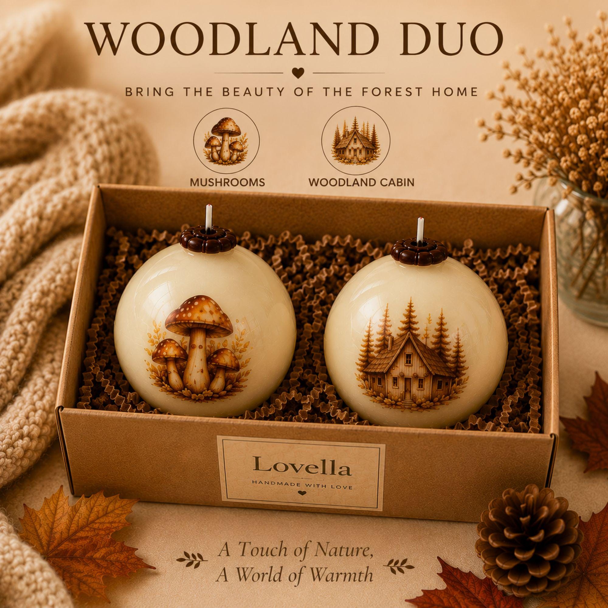 Handmade autumn sphere candle collection featuring ivory decorative fall candles with woodland cottage, mushrooms, harvest apples, pumpkins, acorns, squirrel, figs, berries, fall leaves, flowers, coffee and cozy book designs. Styled as glowing fall home decor for Thanksgiving table centerpiece, autumn dining table decor, fall mantel decoration, rustic farmhouse decor, cottagecore decor and cozy cabin decor. Unique fall candles for hostess gifts, housewarming gifts and Thanksgiving entertaining.