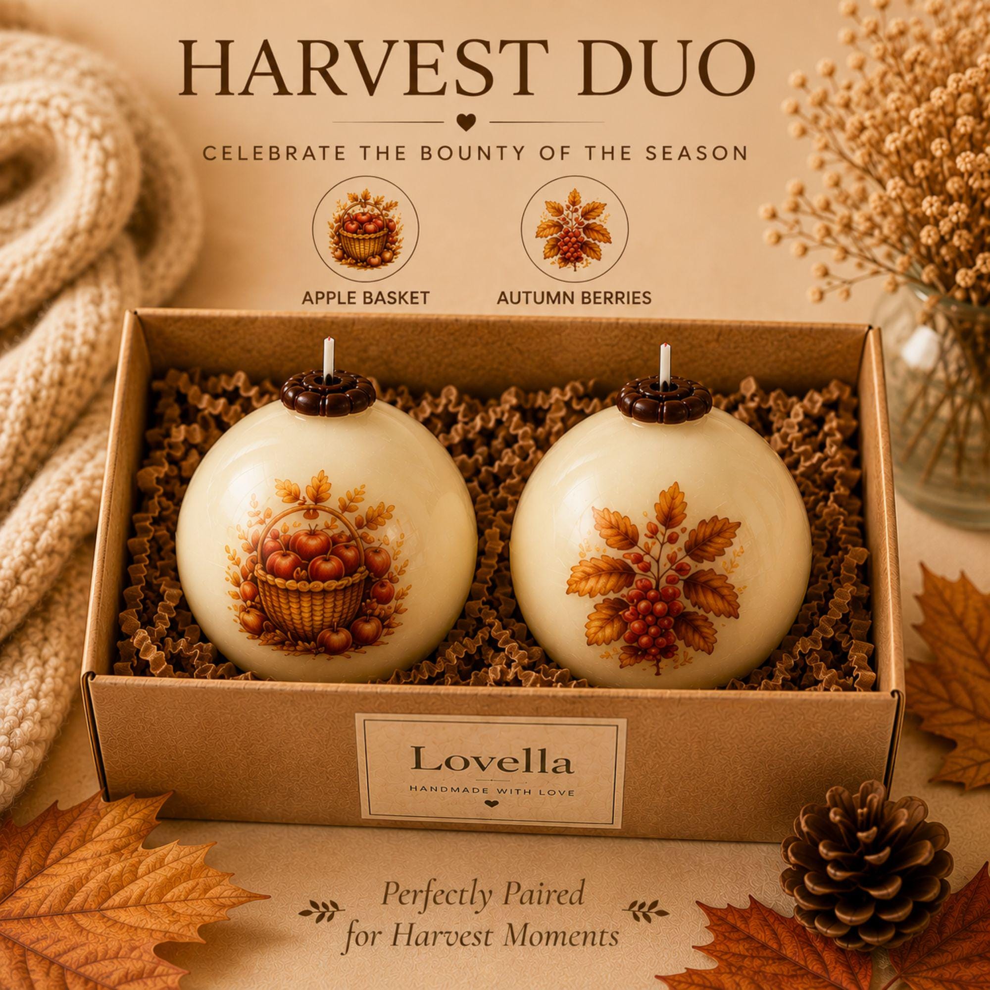 Handmade autumn sphere candle collection featuring ivory decorative fall candles with woodland cottage, mushrooms, harvest apples, pumpkins, acorns, squirrel, figs, berries, fall leaves, flowers, coffee and cozy book designs. Styled as glowing fall home decor for Thanksgiving table centerpiece, autumn dining table decor, fall mantel decoration, rustic farmhouse decor, cottagecore decor and cozy cabin decor. Unique fall candles for hostess gifts, housewarming gifts and Thanksgiving entertaining.