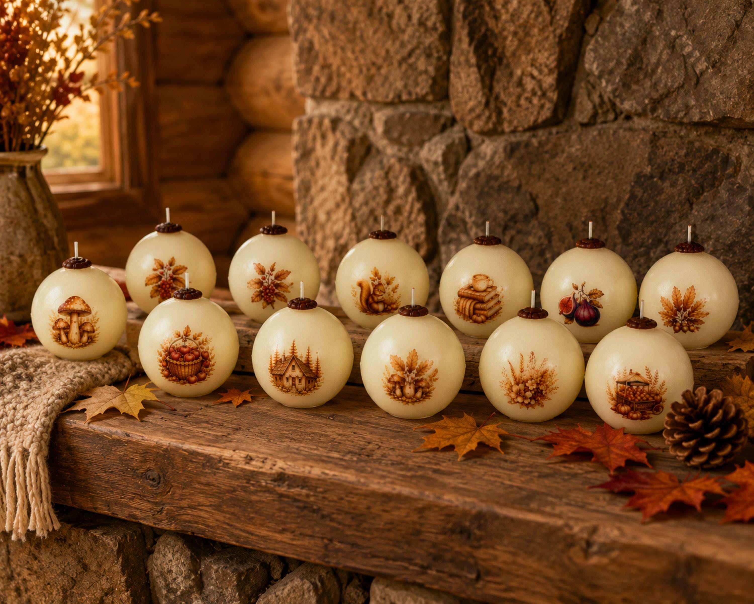 Handmade autumn sphere candle collection featuring ivory decorative fall candles with woodland cottage, mushrooms, harvest apples, pumpkins, acorns, squirrel, figs, berries, fall leaves, flowers, coffee and cozy book designs. Styled as glowing fall home decor for Thanksgiving table centerpiece, autumn dining table decor, fall mantel decoration, rustic farmhouse decor, cottagecore decor and cozy cabin decor. Unique fall candles for hostess gifts, housewarming gifts and Thanksgiving entertaining.