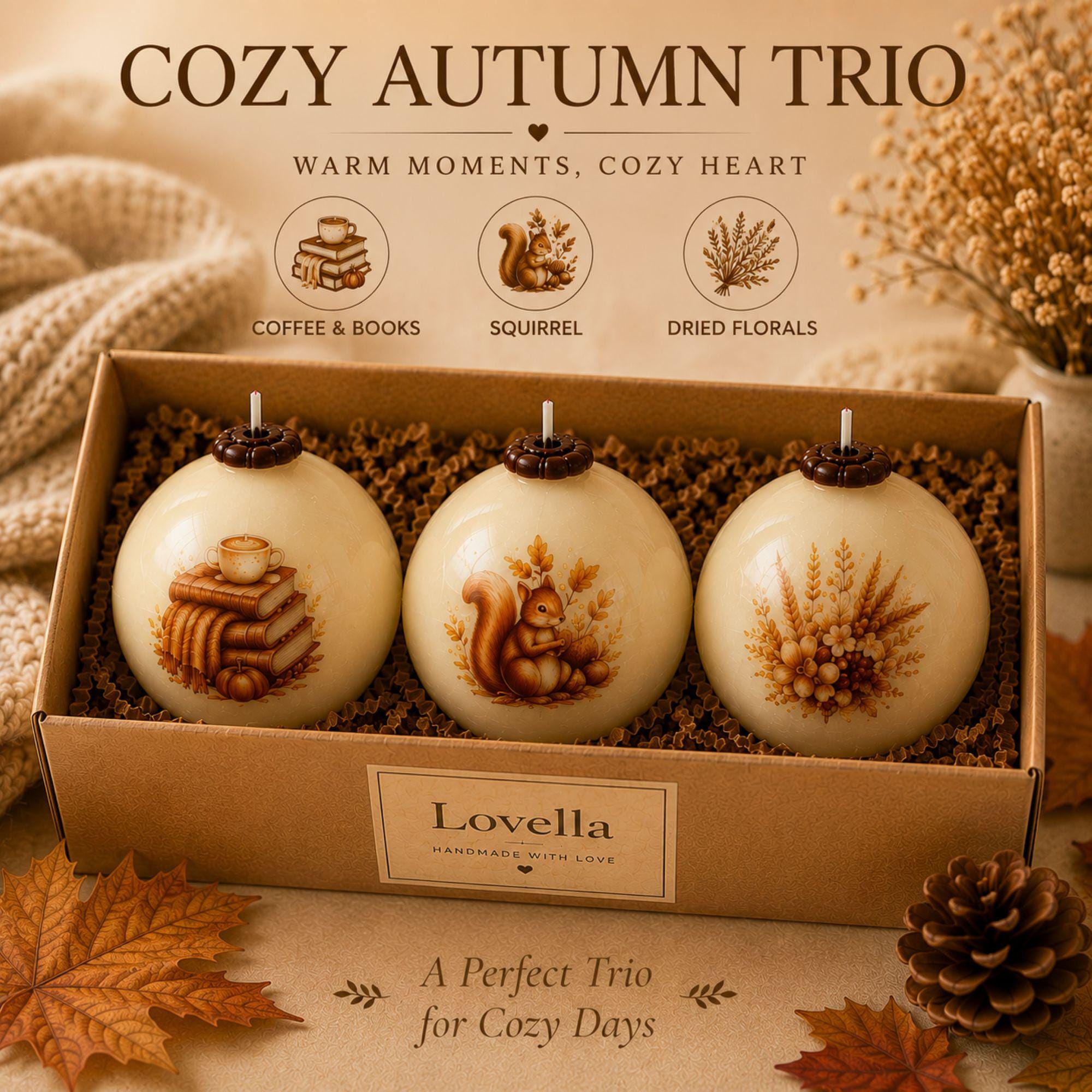 Handmade autumn sphere candle collection featuring ivory decorative fall candles with woodland cottage, mushrooms, harvest apples, pumpkins, acorns, squirrel, figs, berries, fall leaves, flowers, coffee and cozy book designs. Styled as glowing fall home decor for Thanksgiving table centerpiece, autumn dining table decor, fall mantel decoration, rustic farmhouse decor, cottagecore decor and cozy cabin decor. Unique fall candles for hostess gifts, housewarming gifts and Thanksgiving entertaining.