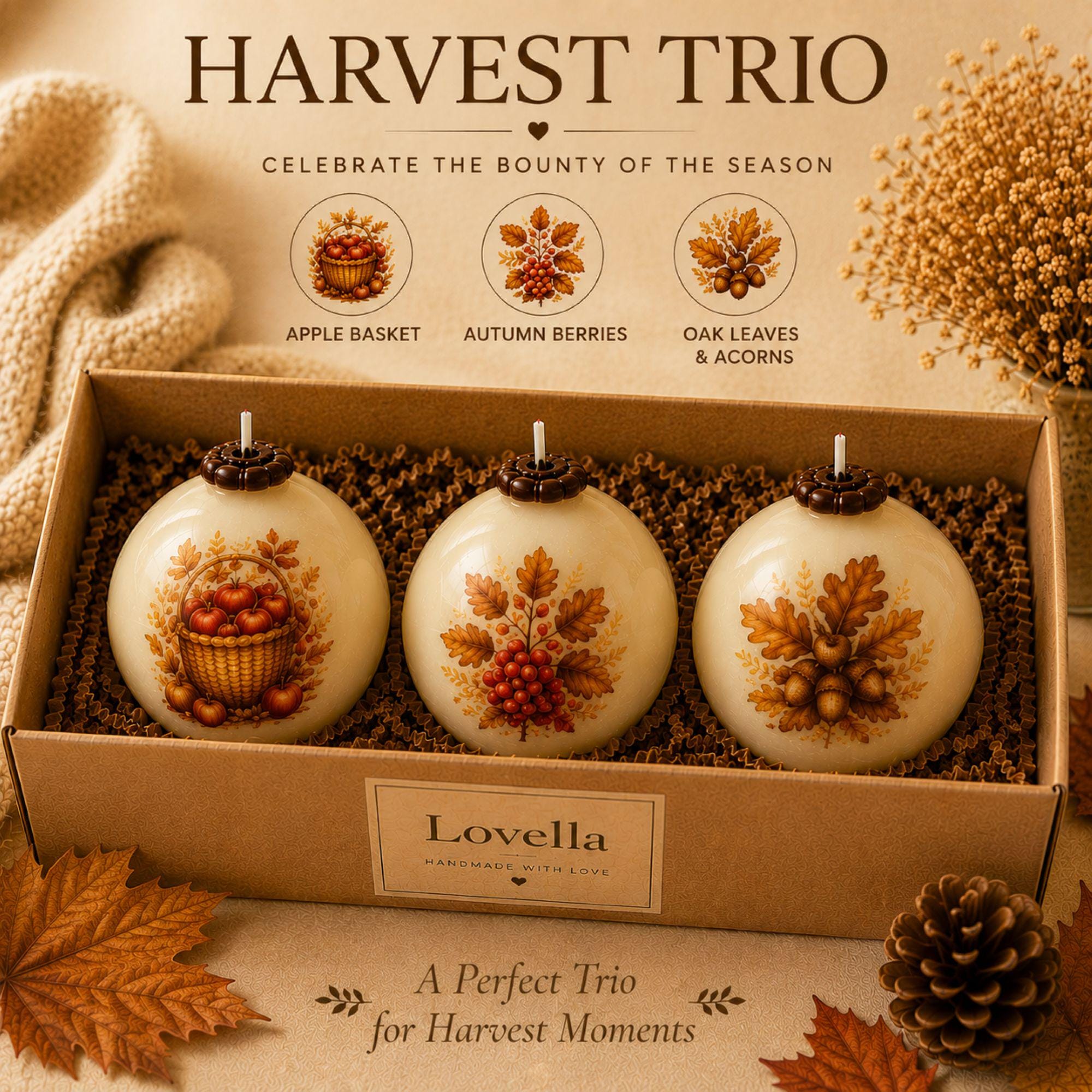 Handmade autumn sphere candle collection featuring ivory decorative fall candles with woodland cottage, mushrooms, harvest apples, pumpkins, acorns, squirrel, figs, berries, fall leaves, flowers, coffee and cozy book designs. Styled as glowing fall home decor for Thanksgiving table centerpiece, autumn dining table decor, fall mantel decoration, rustic farmhouse decor, cottagecore decor and cozy cabin decor. Unique fall candles for hostess gifts, housewarming gifts and Thanksgiving entertaining.