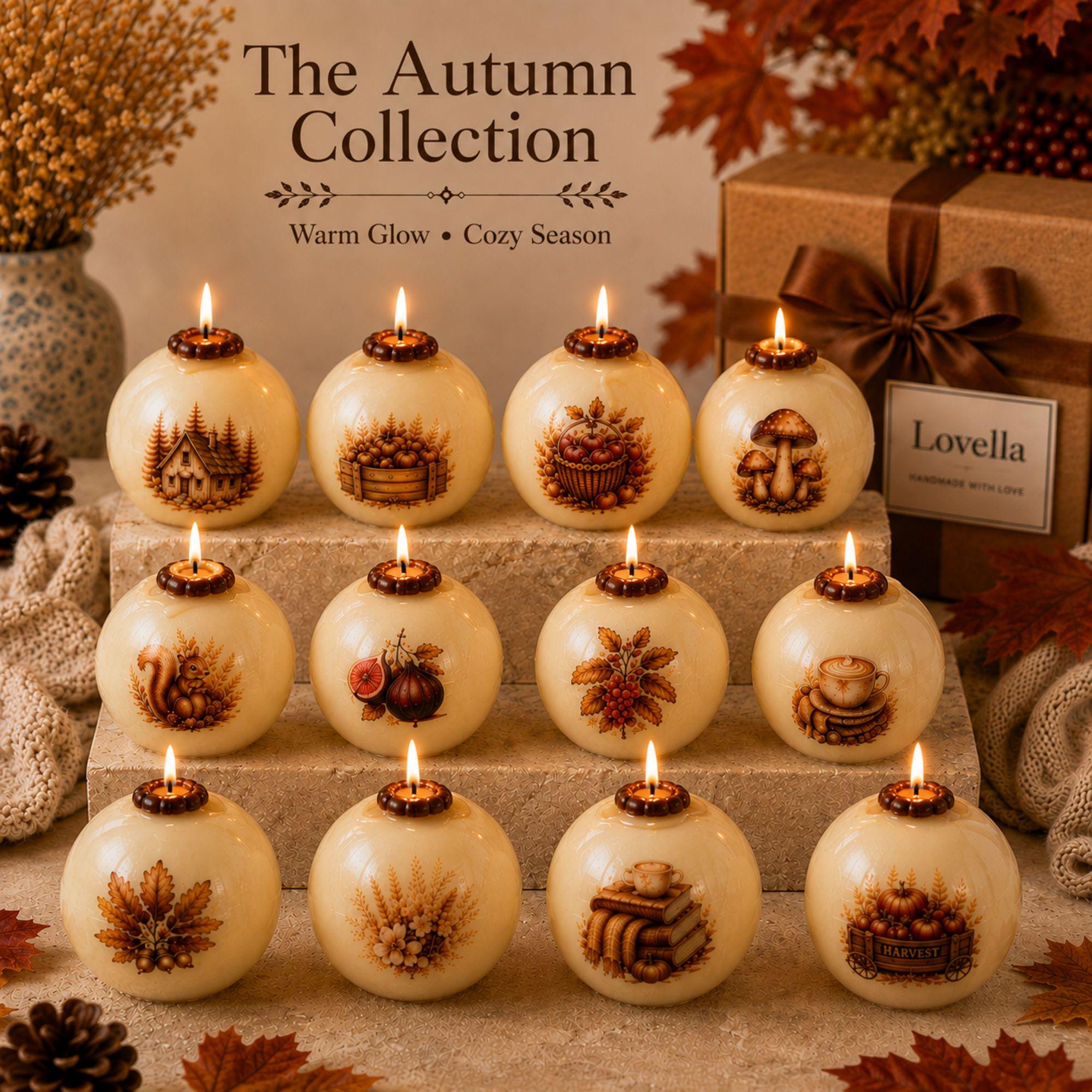 Handmade autumn sphere candle collection featuring ivory decorative fall candles with woodland cottage, mushrooms, harvest apples, pumpkins, acorns, squirrel, figs, berries, fall leaves, flowers, coffee and cozy book designs. Styled as glowing fall home decor for Thanksgiving table centerpiece, autumn dining table decor, fall mantel decoration, rustic farmhouse decor, cottagecore decor and cozy cabin decor. Unique fall candles for hostess gifts, housewarming gifts and Thanksgiving entertaining.