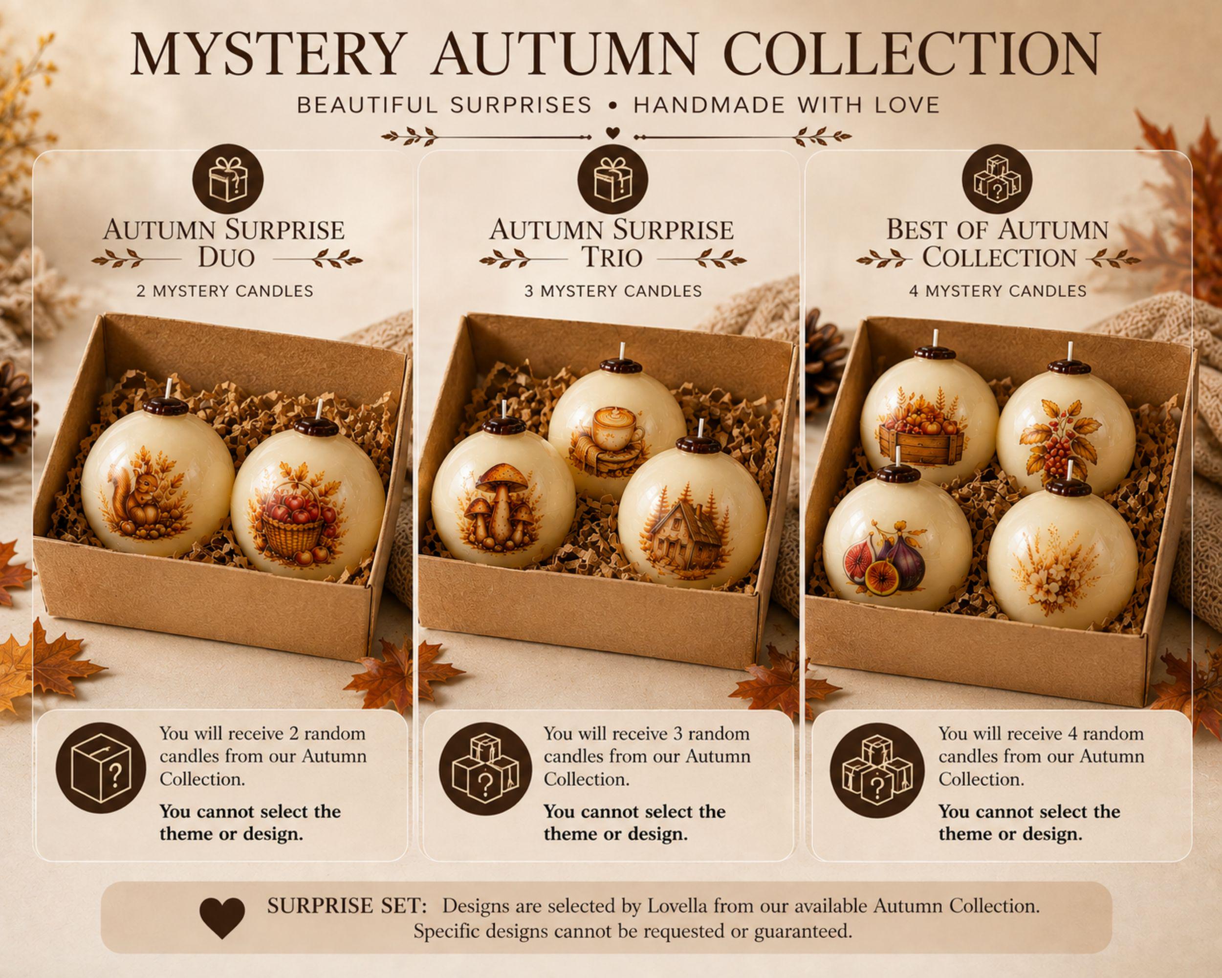 Handmade autumn sphere candle collection featuring ivory decorative fall candles with woodland cottage, mushrooms, harvest apples, pumpkins, acorns, squirrel, figs, berries, fall leaves, flowers, coffee and cozy book designs. Styled as glowing fall home decor for Thanksgiving table centerpiece, autumn dining table decor, fall mantel decoration, rustic farmhouse decor, cottagecore decor and cozy cabin decor. Unique fall candles for hostess gifts, housewarming gifts and Thanksgiving entertaining.
