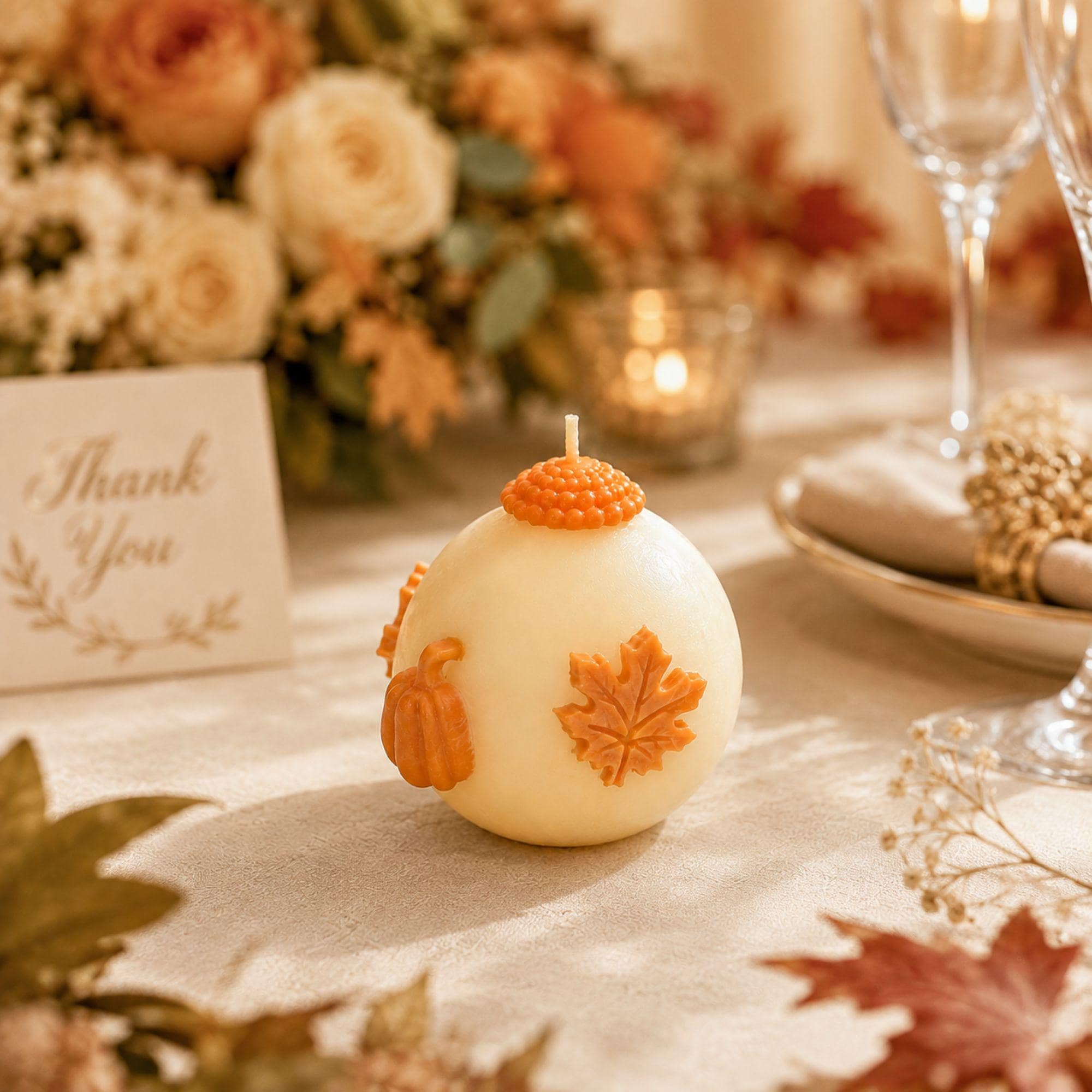 Handmade fall wedding favor featuring a 3 inch ivory sphere pumpkin candle with orange autumn maple leaf and pumpkin details, beautifully presented as a rustic wedding guest gift. Unique autumn wedding favor for October and November weddings, bridal showers, engagement parties, rehearsal dinners and fall celebrations. Individually wrapped in white organza for an elegant gift-ready presentation.