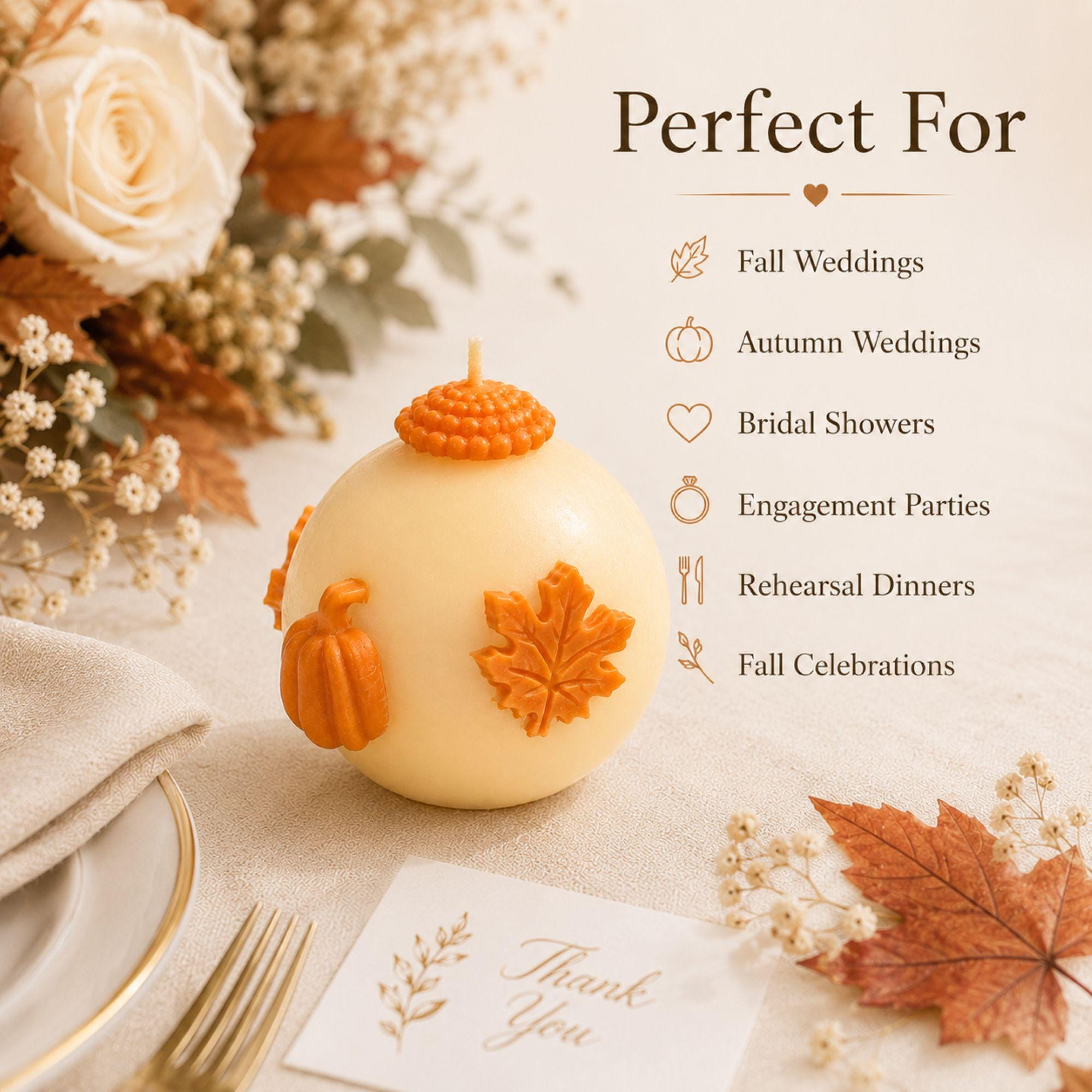 Handmade fall wedding favor featuring a 3 inch ivory sphere pumpkin candle with orange autumn maple leaf and pumpkin details, beautifully presented as a rustic wedding guest gift. Unique autumn wedding favor for October and November weddings, bridal showers, engagement parties, rehearsal dinners and fall celebrations. Individually wrapped in white organza for an elegant gift-ready presentation.