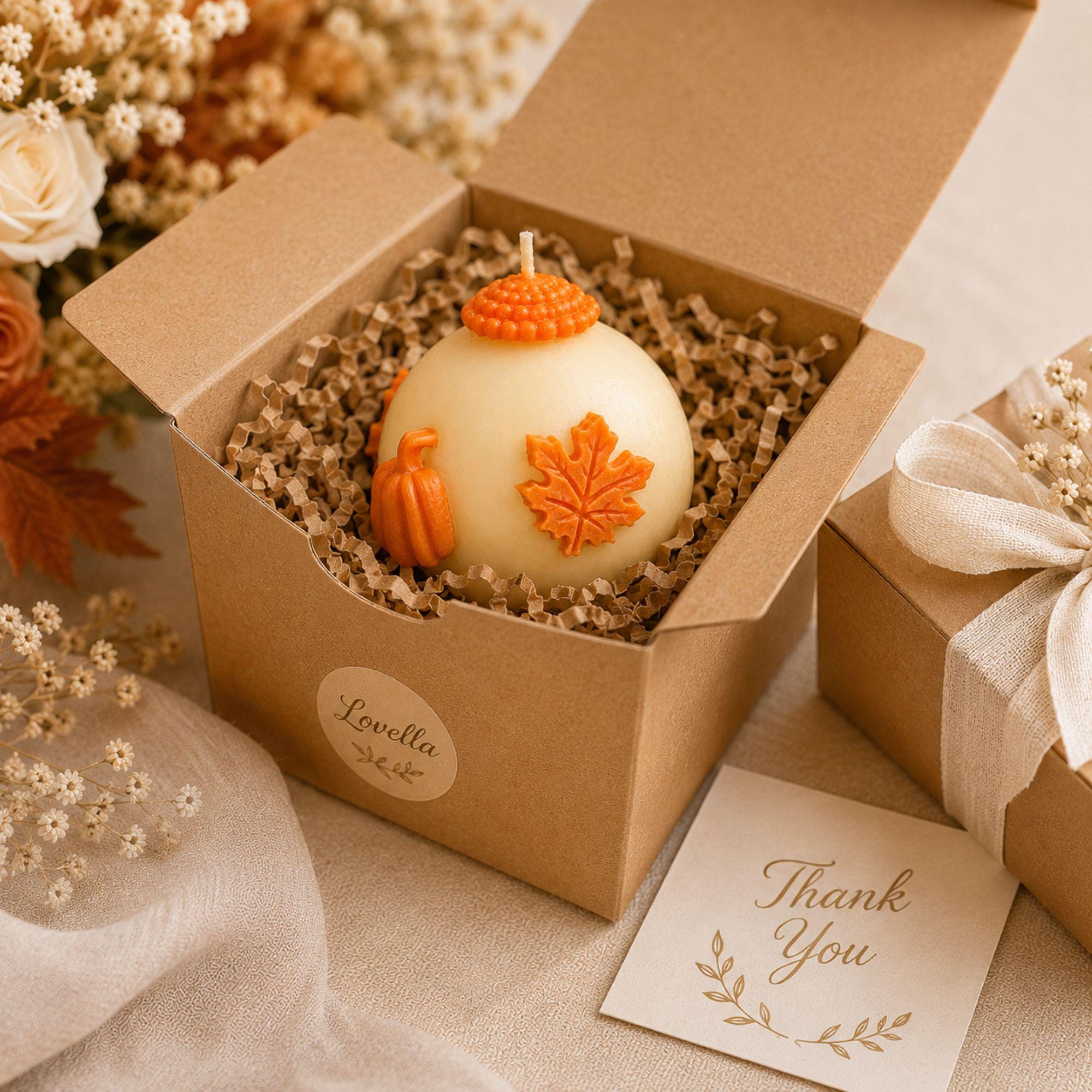 Handmade fall wedding favor featuring a 3 inch ivory sphere pumpkin candle with orange autumn maple leaf and pumpkin details, beautifully presented as a rustic wedding guest gift. Unique autumn wedding favor for October and November weddings, bridal showers, engagement parties, rehearsal dinners and fall celebrations. Individually wrapped in white organza for an elegant gift-ready presentation.