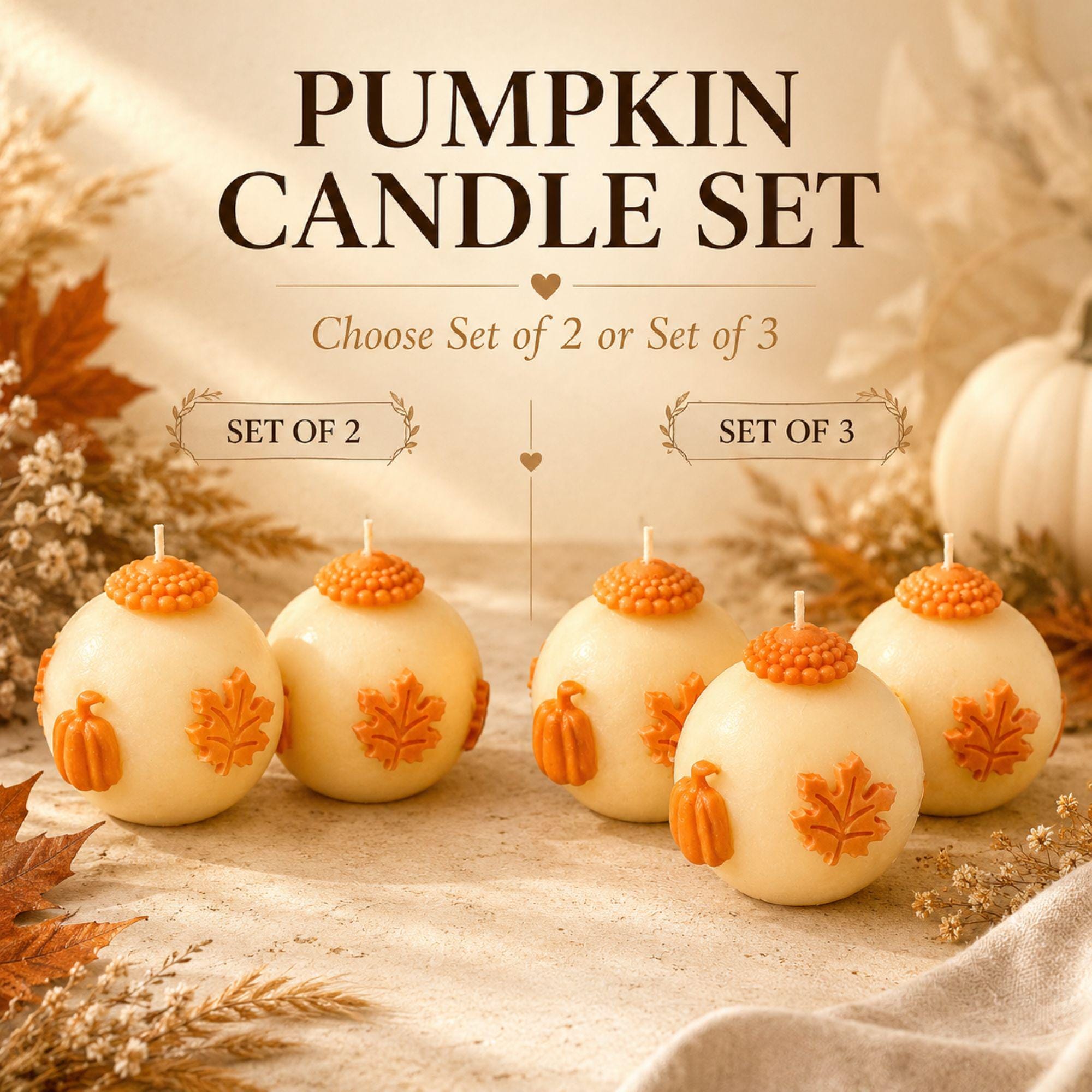 Handmade pumpkin candle set featuring ivory 3 inch sphere candles with dimensional orange pumpkins, maple leaves and autumn details, shown as a set of 2 and set of 3 in rustic kraft gift boxes. Decorative unscented fall candles for autumn home decor, Thanksgiving table decor, fall centerpiece, mantel decor, coffee table styling, farmhouse pumpkin decor, hostess gift, housewarming gift, Thanksgiving gift, fall birthday gift and unique gift for pumpkin lovers.