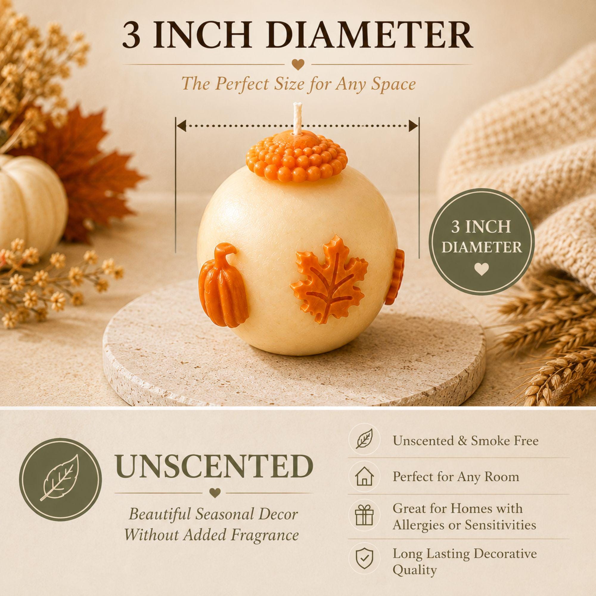 Handmade pumpkin candle set featuring ivory 3 inch sphere candles with dimensional orange pumpkins, maple leaves and autumn details, shown as a set of 2 and set of 3 in rustic kraft gift boxes. Decorative unscented fall candles for autumn home decor, Thanksgiving table decor, fall centerpiece, mantel decor, coffee table styling, farmhouse pumpkin decor, hostess gift, housewarming gift, Thanksgiving gift, fall birthday gift and unique gift for pumpkin lovers.