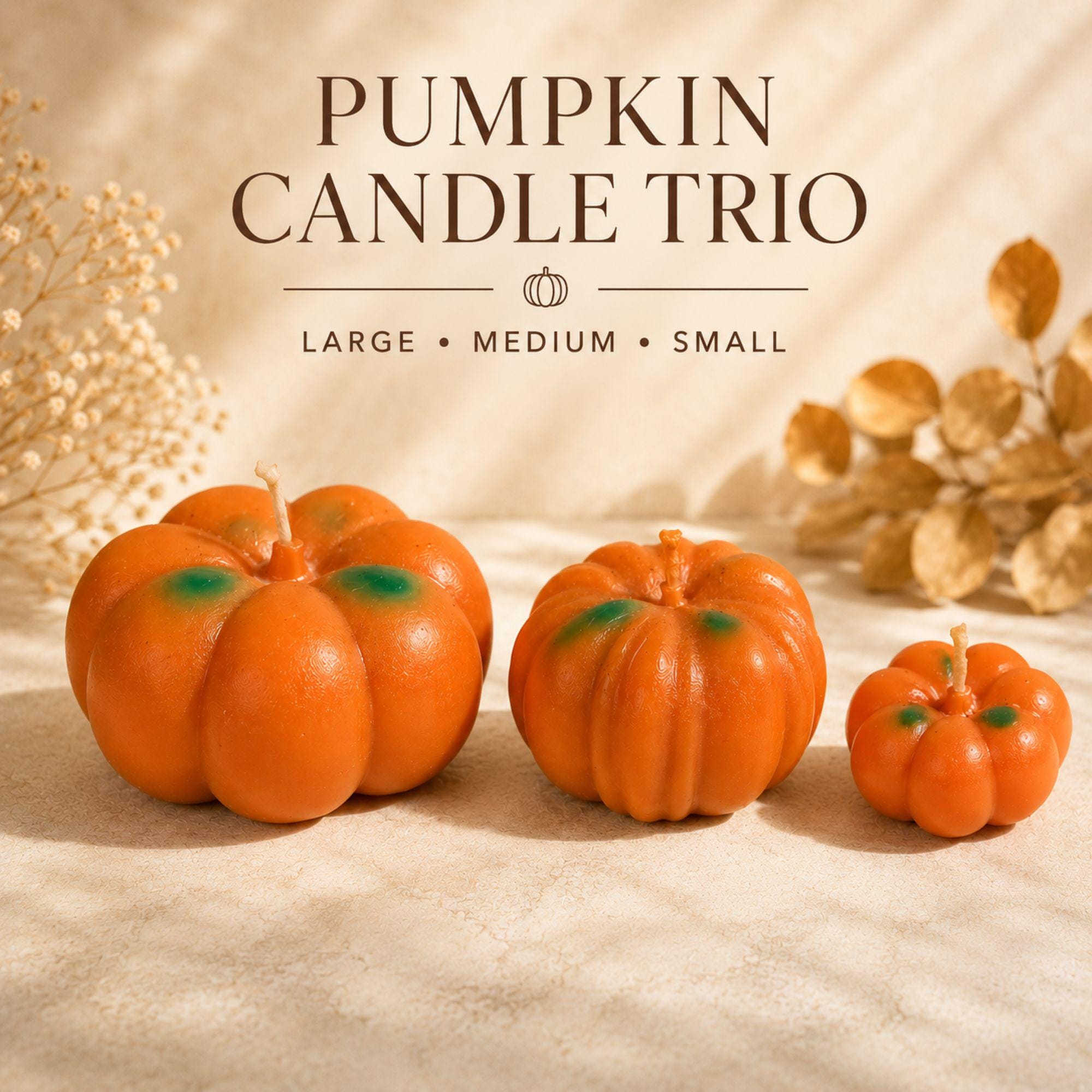 Handmade pumpkin candle set of 3 featuring large, medium and small orange pumpkin shaped candles with green accents. Pumpkin Pie scented fall candle trio styled in warm neutral autumn decor, perfect for Thanksgiving table decor, fall centerpiece, mantel display and cozy seasonal home decor. Decorative pumpkin candles make a unique hostess gift, housewarming gift, Thanksgiving gift or fall gift for candle lovers.