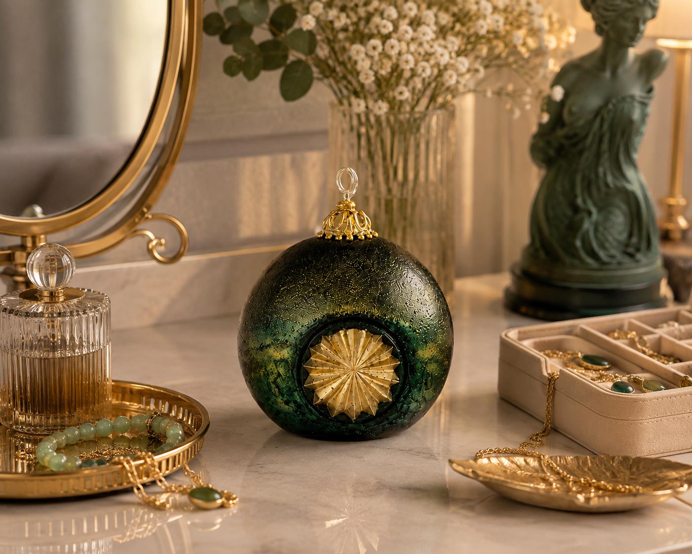 Luxury Decorative Orb Candle dark green handmade sculptural candle for modern home decor, unique housewarming gift, and sphere candle styling. Product image 9.