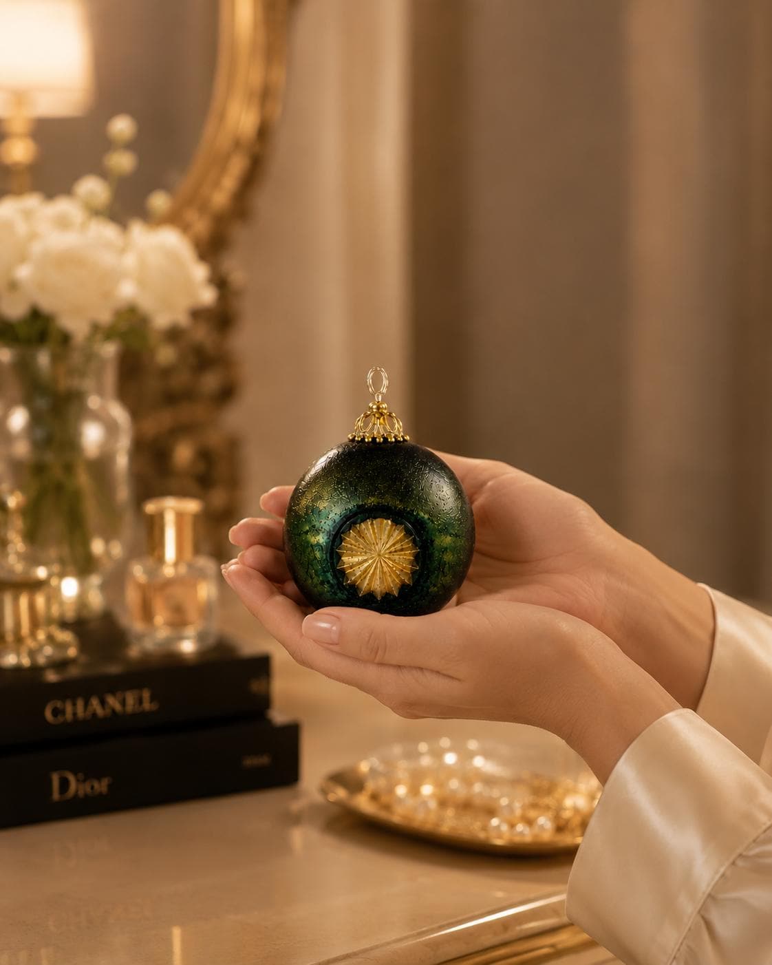 Luxury Decorative Orb Candle dark green handmade sculptural candle for modern home decor, unique housewarming gift, and sphere candle styling. Product image 6.