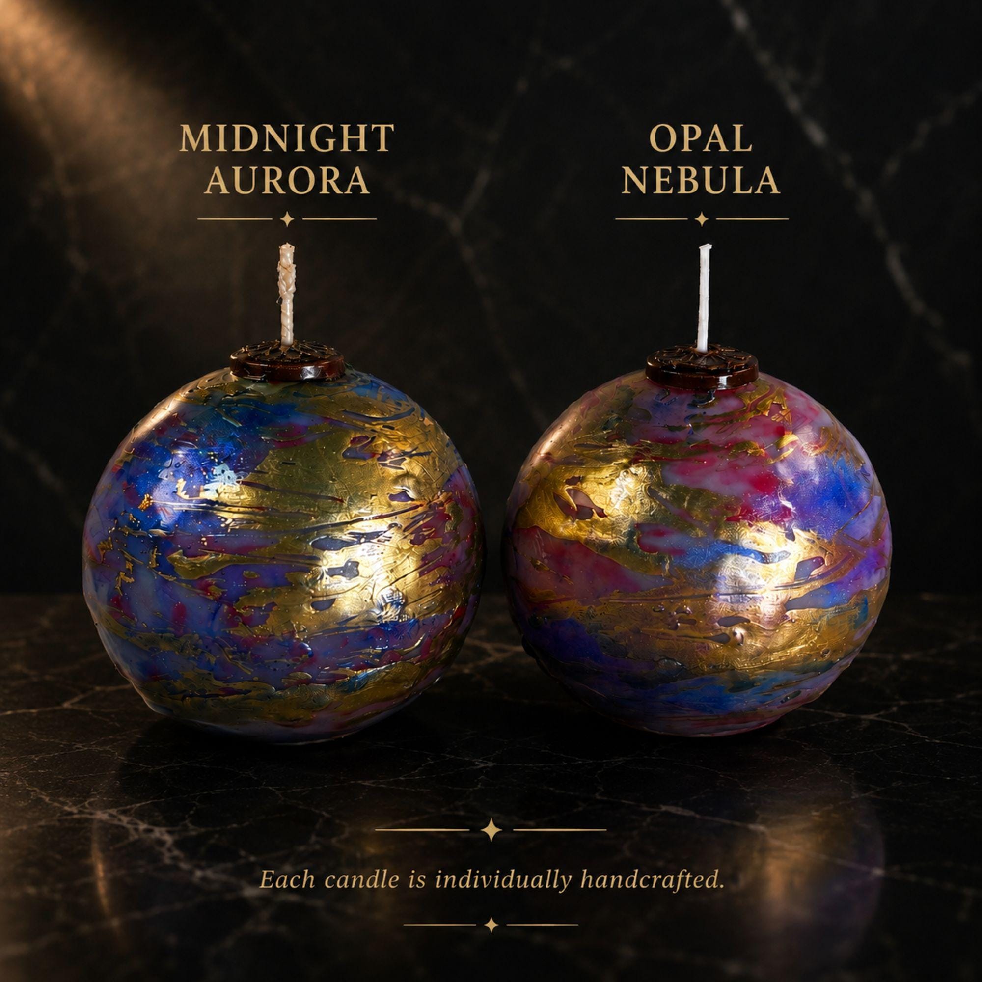 Decorative sphere candle with blue violet pink and metallic gold handmade finish