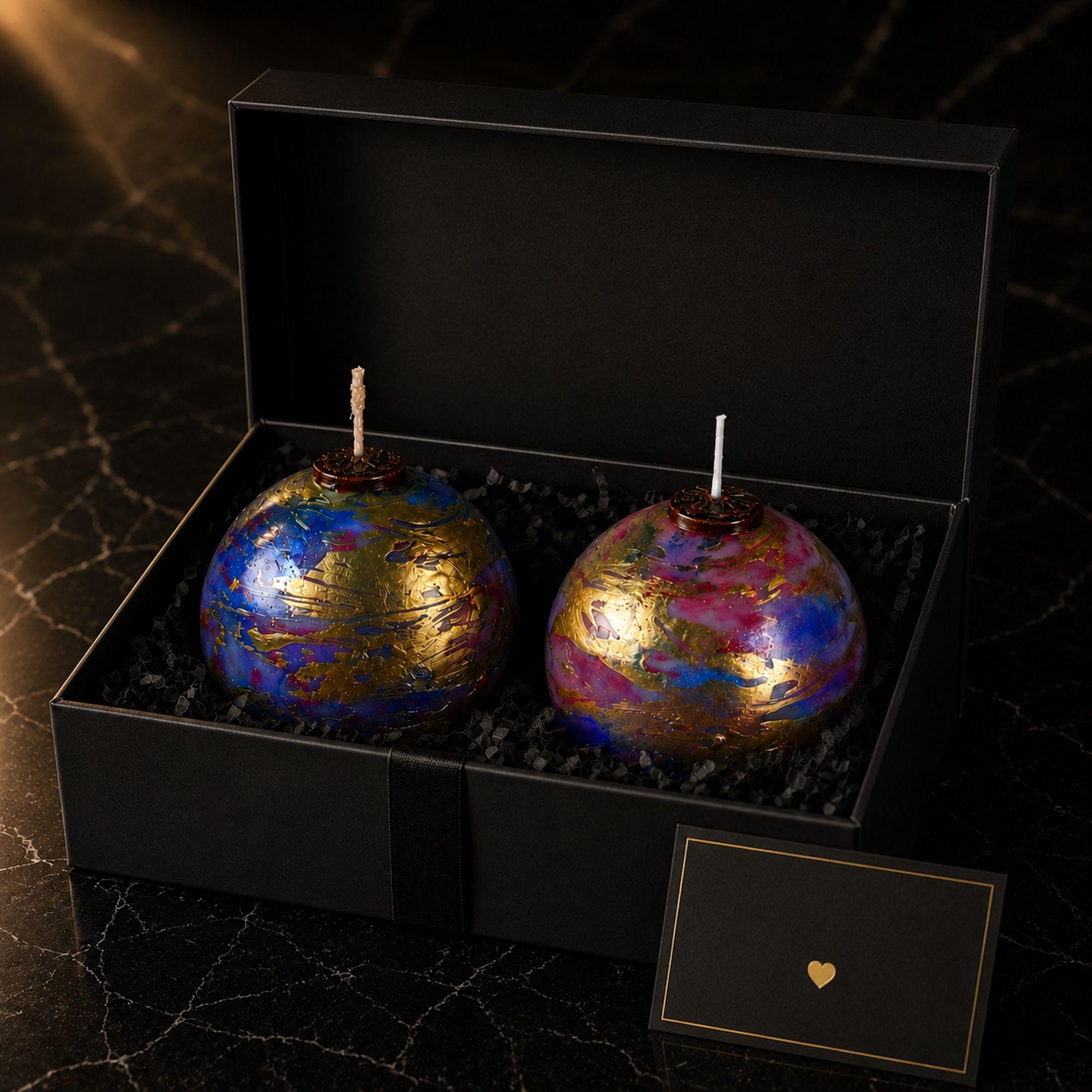 Handmade decorative candle gift set with two artistic sphere candles