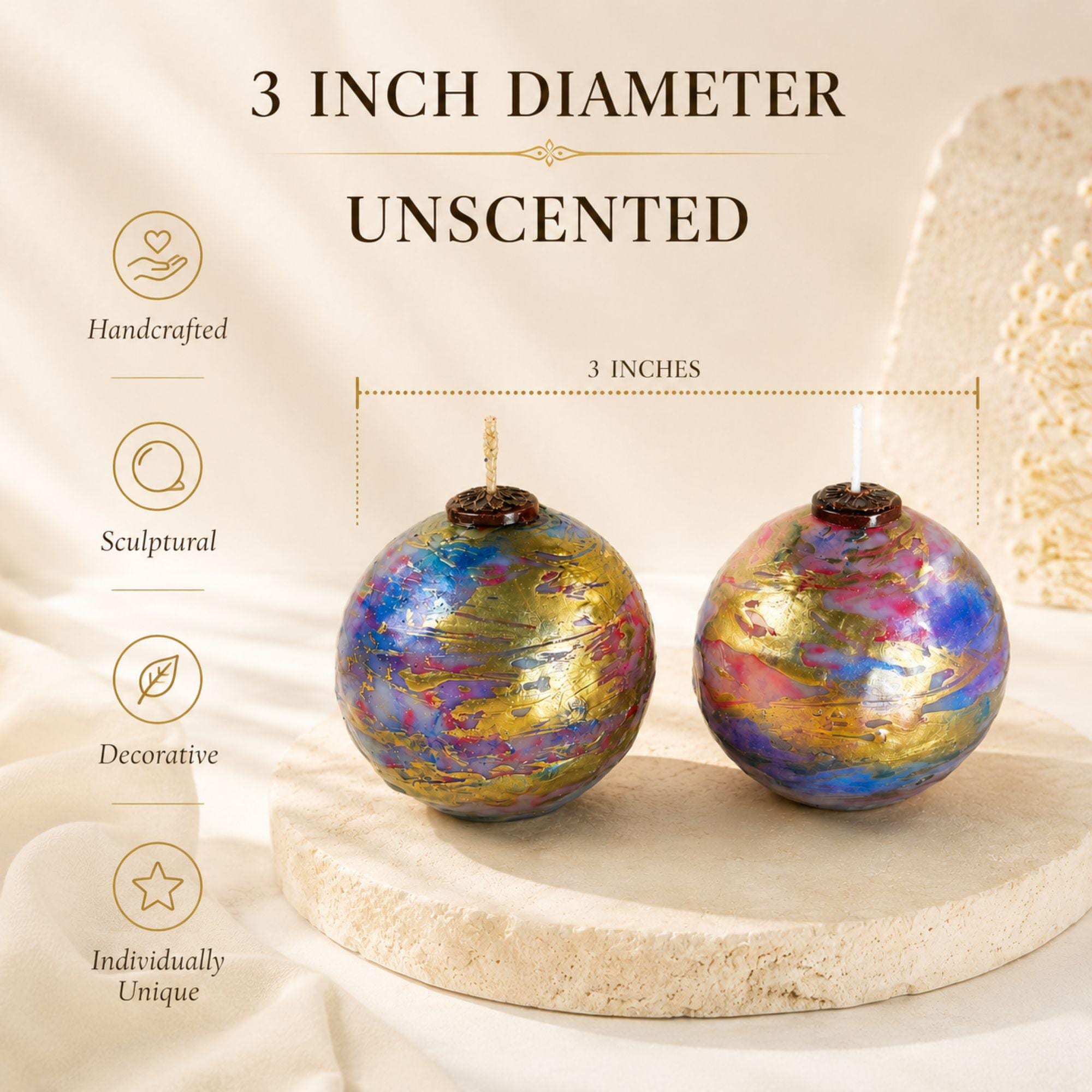 Handmade artistic decorative sphere candles featuring vibrant blue, pink, violet and metallic gold marbled finishes with unique handcrafted detailing. These colorful 3 inch unscented statement candles create striking artistic home decor, modern coffee table decor, mantel decor and unique home accents. Available as a single decorative candle or candle gift set, perfect for a housewarming gift, hostess gift, new home gift, gift for her or home decor lover.