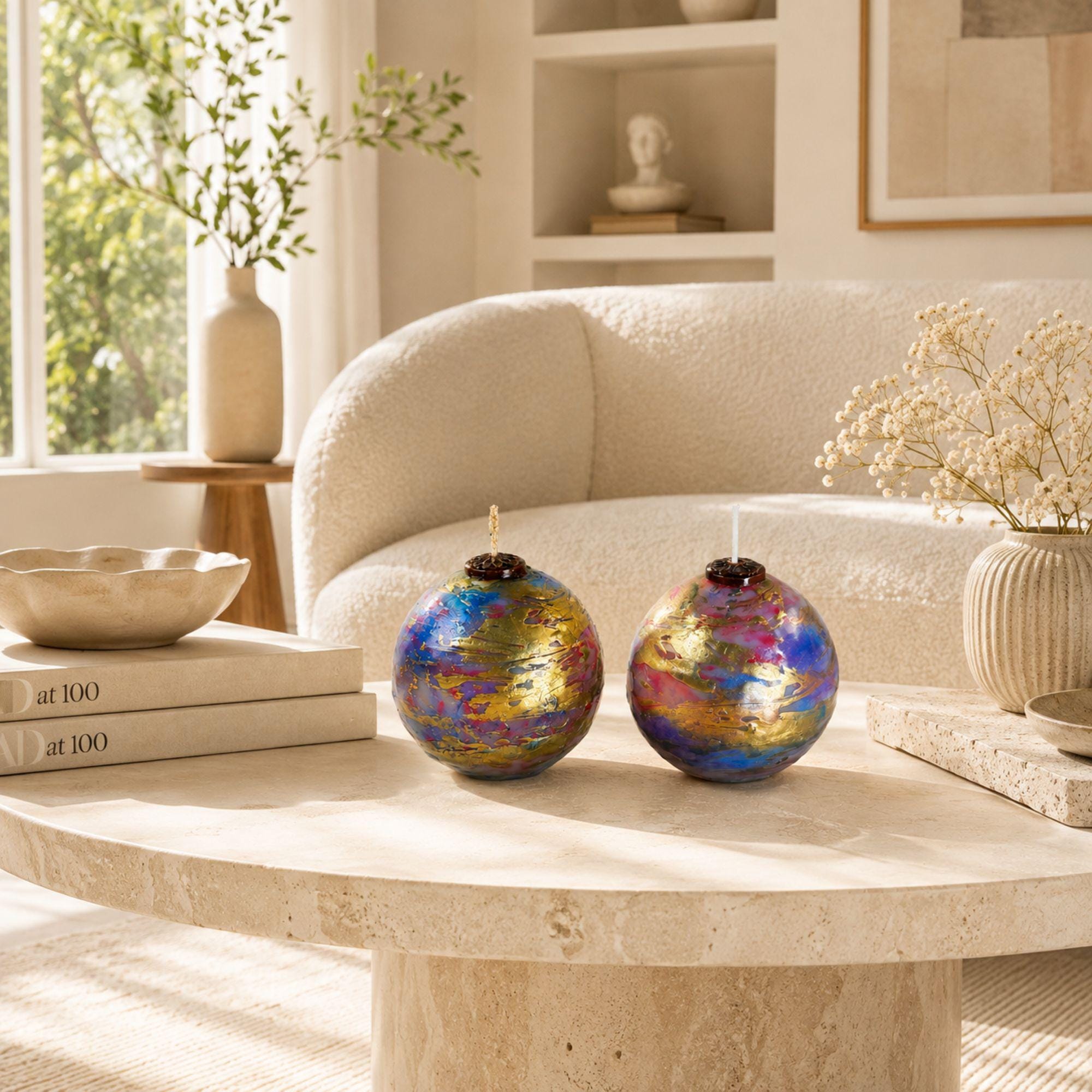 Handmade artistic decorative sphere candles featuring vibrant blue, pink, violet and metallic gold marbled finishes with unique handcrafted detailing. These colorful 3 inch unscented statement candles create striking artistic home decor, modern coffee table decor, mantel decor and unique home accents. Available as a single decorative candle or candle gift set, perfect for a housewarming gift, hostess gift, new home gift, gift for her or home decor lover.