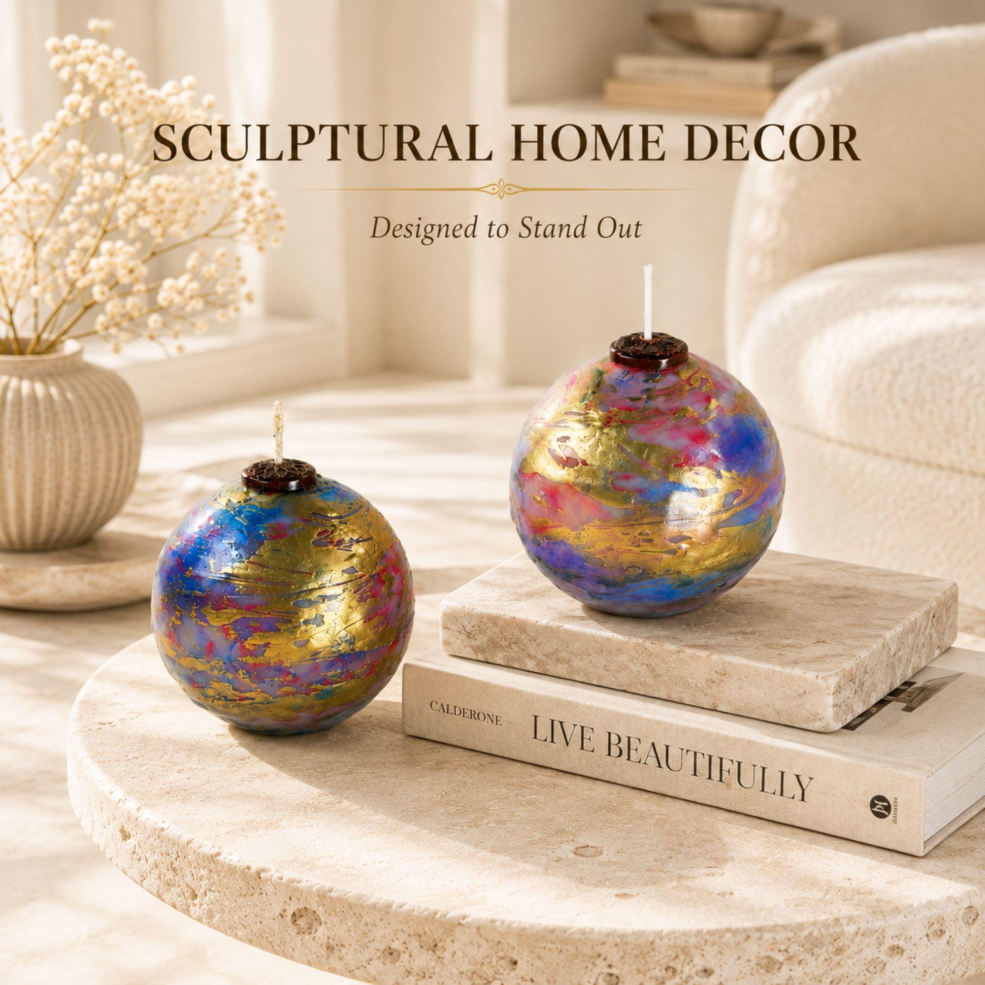 Handmade artistic decorative sphere candles featuring vibrant blue, pink, violet and metallic gold marbled finishes with unique handcrafted detailing. These colorful 3 inch unscented statement candles create striking artistic home decor, modern coffee table decor, mantel decor and unique home accents. Available as a single decorative candle or candle gift set, perfect for a housewarming gift, hostess gift, new home gift, gift for her or home decor lover.