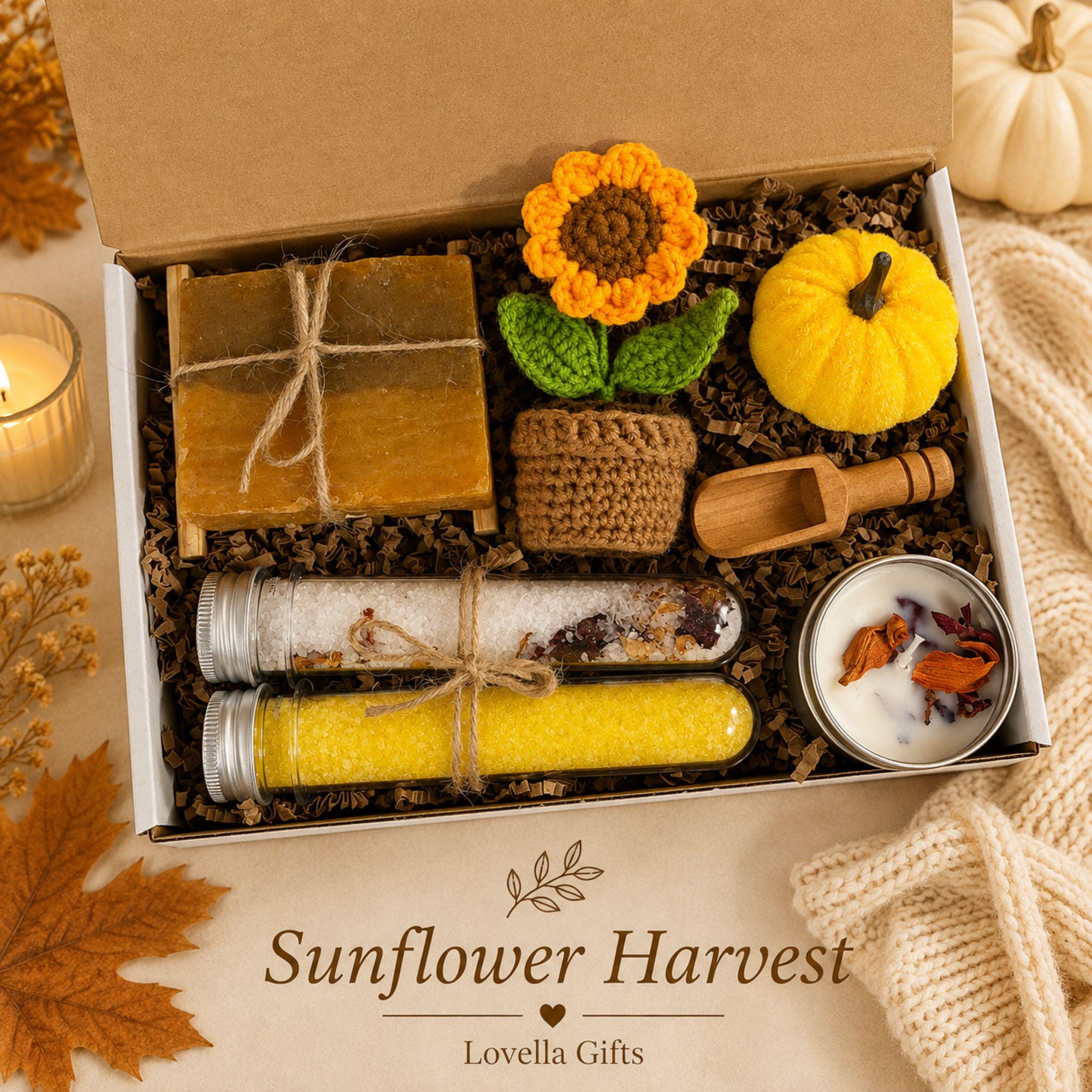 Golden Hearth fall gift box for her, a cozy autumn care package featuring pumpkin spice self care, soft fall accessories, sunflower crochet details, pumpkin accents and warm seasonal brown, orange and yellow tones. Beautiful fall gift basket for women, pumpkin spice lover gift, fall birthday gift for her, Thanksgiving hostess gift, thinking of you care package, self care gift, best friend gift, gift for Mom or cozy autumn surprise for a woman who loves fall.