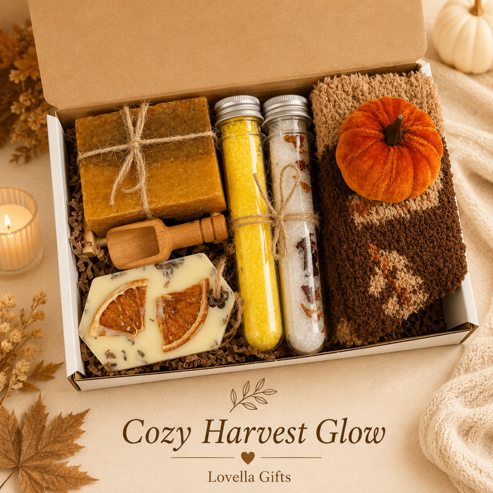 Golden Hearth fall gift box for her, a cozy autumn care package featuring pumpkin spice self care, soft fall accessories, sunflower crochet details, pumpkin accents and warm seasonal brown, orange and yellow tones. Beautiful fall gift basket for women, pumpkin spice lover gift, fall birthday gift for her, Thanksgiving hostess gift, thinking of you care package, self care gift, best friend gift, gift for Mom or cozy autumn surprise for a woman who loves fall.