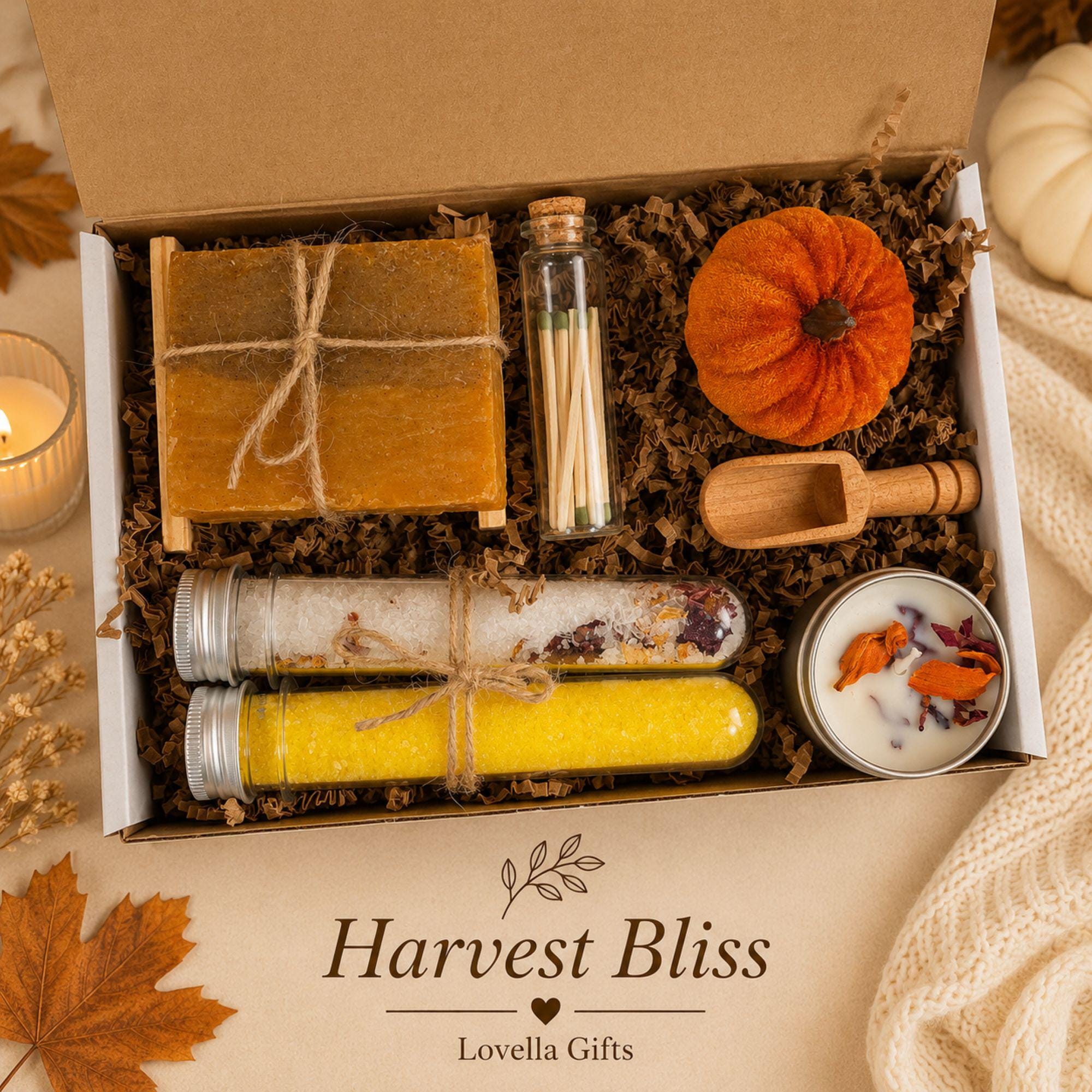Golden Hearth fall gift box for her, a cozy autumn care package featuring pumpkin spice self care, soft fall accessories, sunflower crochet details, pumpkin accents and warm seasonal brown, orange and yellow tones. Beautiful fall gift basket for women, pumpkin spice lover gift, fall birthday gift for her, Thanksgiving hostess gift, thinking of you care package, self care gift, best friend gift, gift for Mom or cozy autumn surprise for a woman who loves fall.