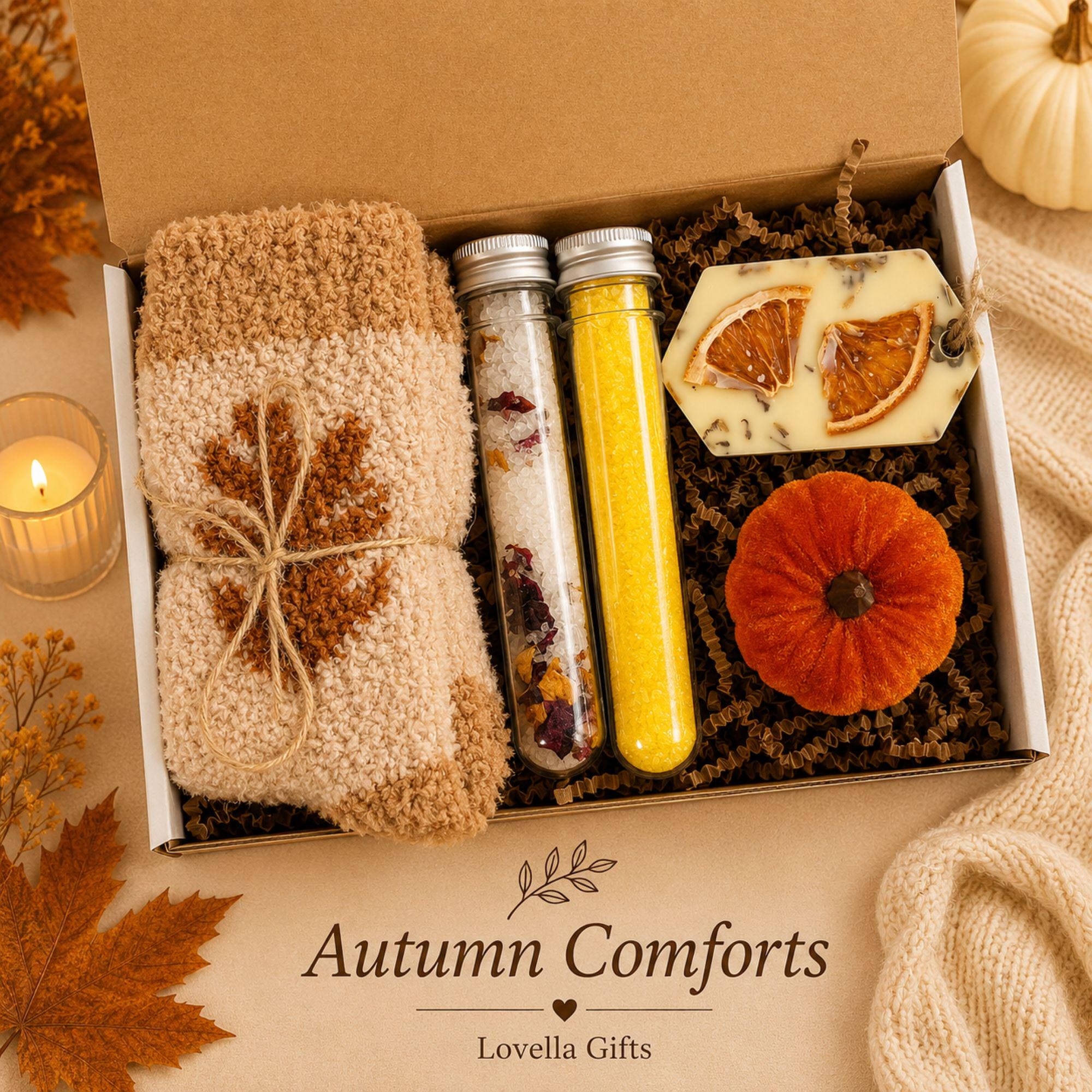 Golden Hearth fall gift box for her, a cozy autumn care package featuring pumpkin spice self care, soft fall accessories, sunflower crochet details, pumpkin accents and warm seasonal brown, orange and yellow tones. Beautiful fall gift basket for women, pumpkin spice lover gift, fall birthday gift for her, Thanksgiving hostess gift, thinking of you care package, self care gift, best friend gift, gift for Mom or cozy autumn surprise for a woman who loves fall.