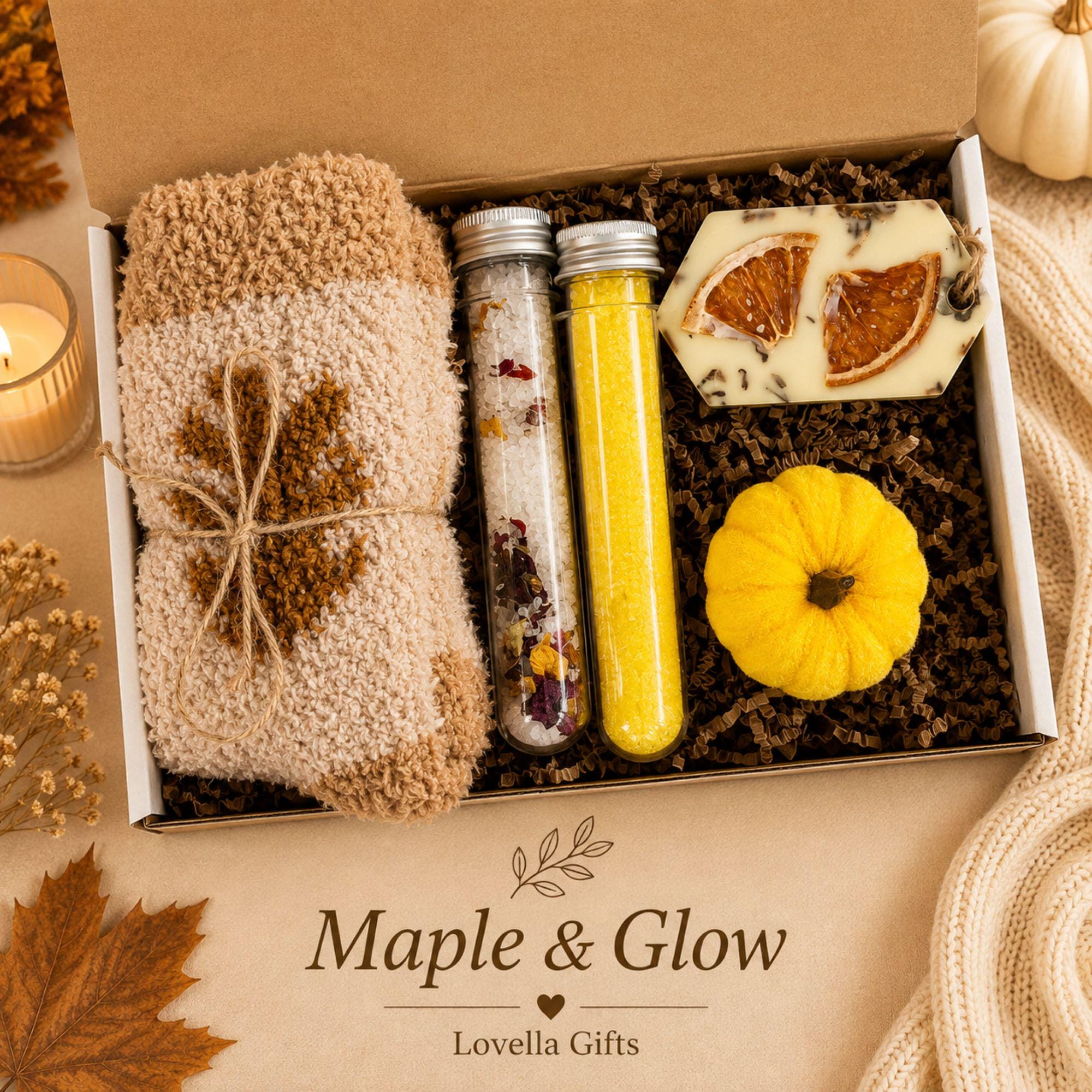 Golden Hearth fall gift box for her, a cozy autumn care package featuring pumpkin spice self care, soft fall accessories, sunflower crochet details, pumpkin accents and warm seasonal brown, orange and yellow tones. Beautiful fall gift basket for women, pumpkin spice lover gift, fall birthday gift for her, Thanksgiving hostess gift, thinking of you care package, self care gift, best friend gift, gift for Mom or cozy autumn surprise for a woman who loves fall.