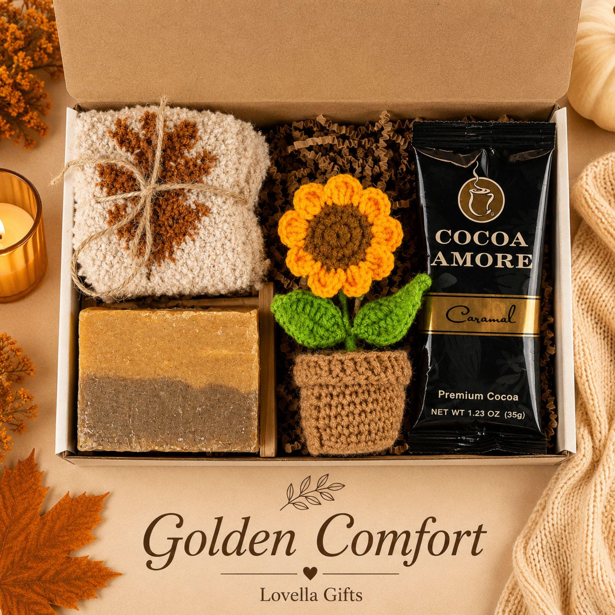 Golden Hearth fall gift box for her, a cozy autumn care package featuring pumpkin spice self care, soft fall accessories, sunflower crochet details, pumpkin accents and warm seasonal brown, orange and yellow tones. Beautiful fall gift basket for women, pumpkin spice lover gift, fall birthday gift for her, Thanksgiving hostess gift, thinking of you care package, self care gift, best friend gift, gift for Mom or cozy autumn surprise for a woman who loves fall.