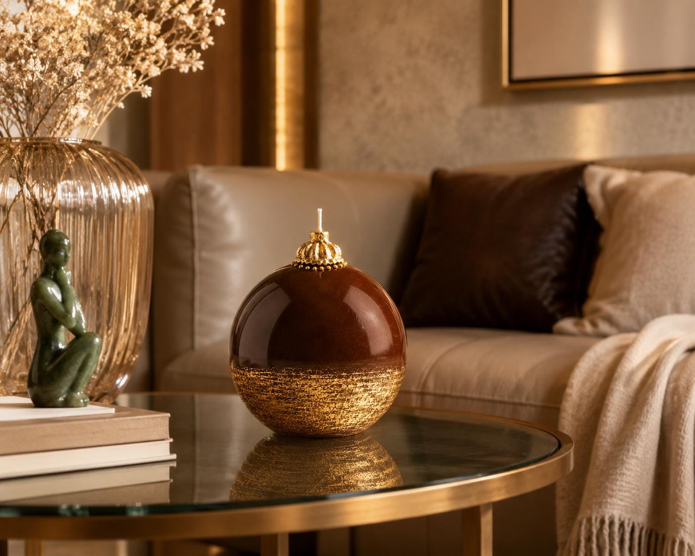 Luxury Brown & Gold Decorative Candle handmade sphere candle for elegant home decor, modern coffee table decor, and housewarming gift. Product image 7.