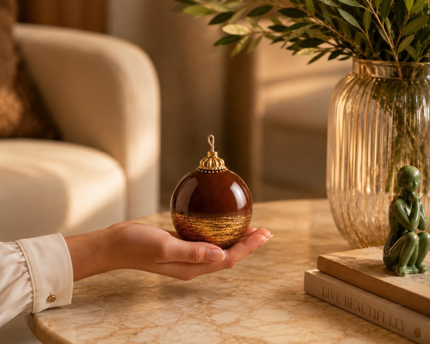 Luxury Brown & Gold Decorative Candle handmade sphere candle for elegant home decor, modern coffee table decor, and housewarming gift. Product image 6.