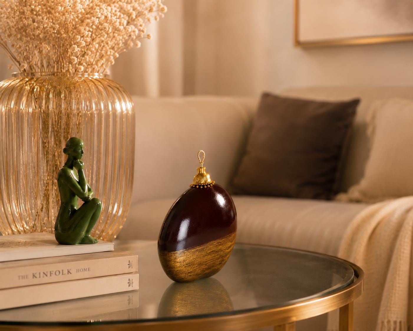 Luxury Brown & Gold Decorative Candle handmade sphere candle for elegant home decor, modern coffee table decor, and housewarming gift. Product image 5.