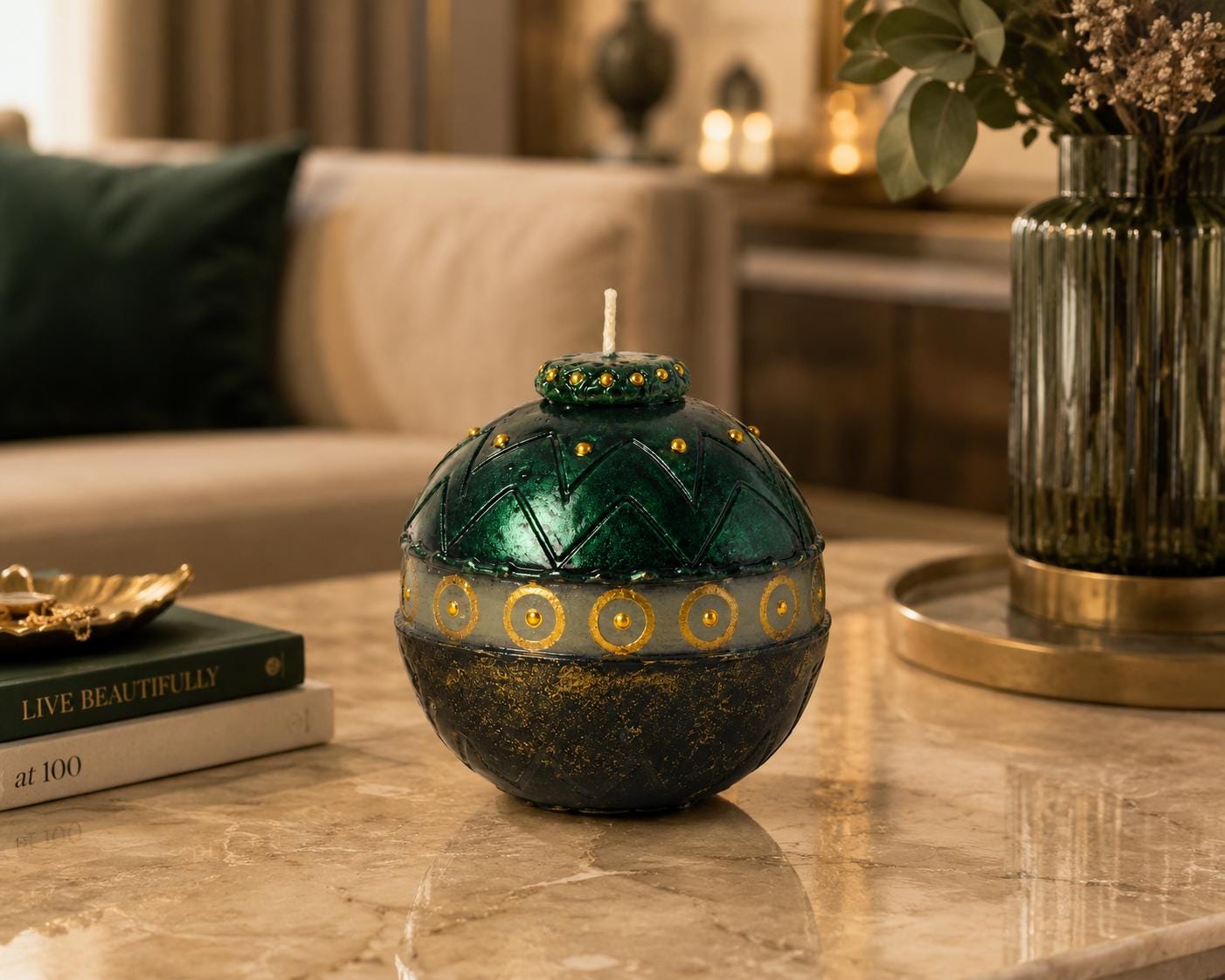 Luxury Green Decorative Candle emerald gold candle for unique home decor, elegant hostess gift, artistic candle styling, and housewarming gift. Product image 4.