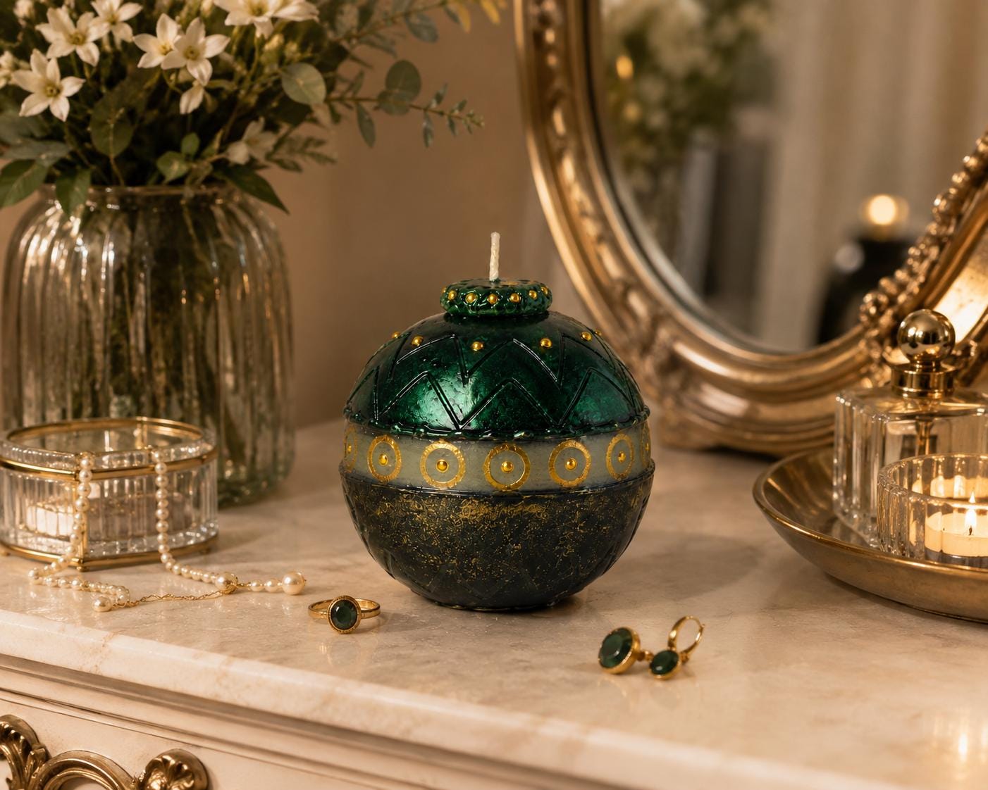 Luxury Green Decorative Candle emerald gold candle for unique home decor, elegant hostess gift, artistic candle styling, and housewarming gift. Product image 5.