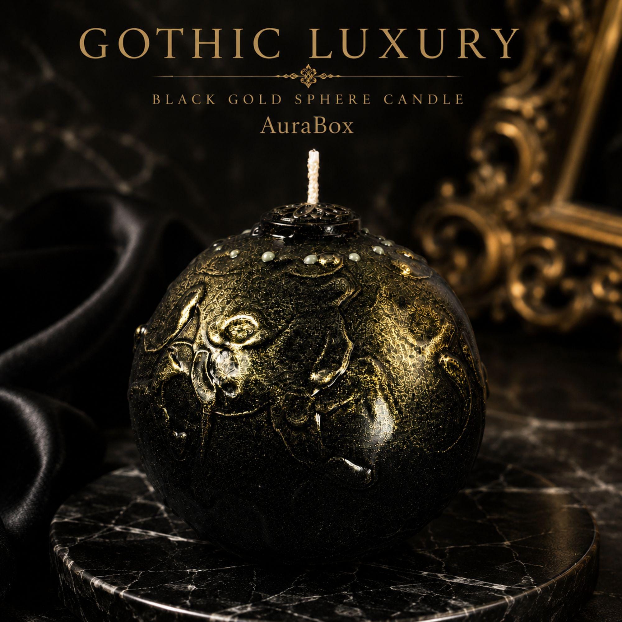 Gothic Luxury Candle black gold decorative candle for gothic home decor, sculptural sphere candle styling, and luxury housewarming gift. Product image 1.