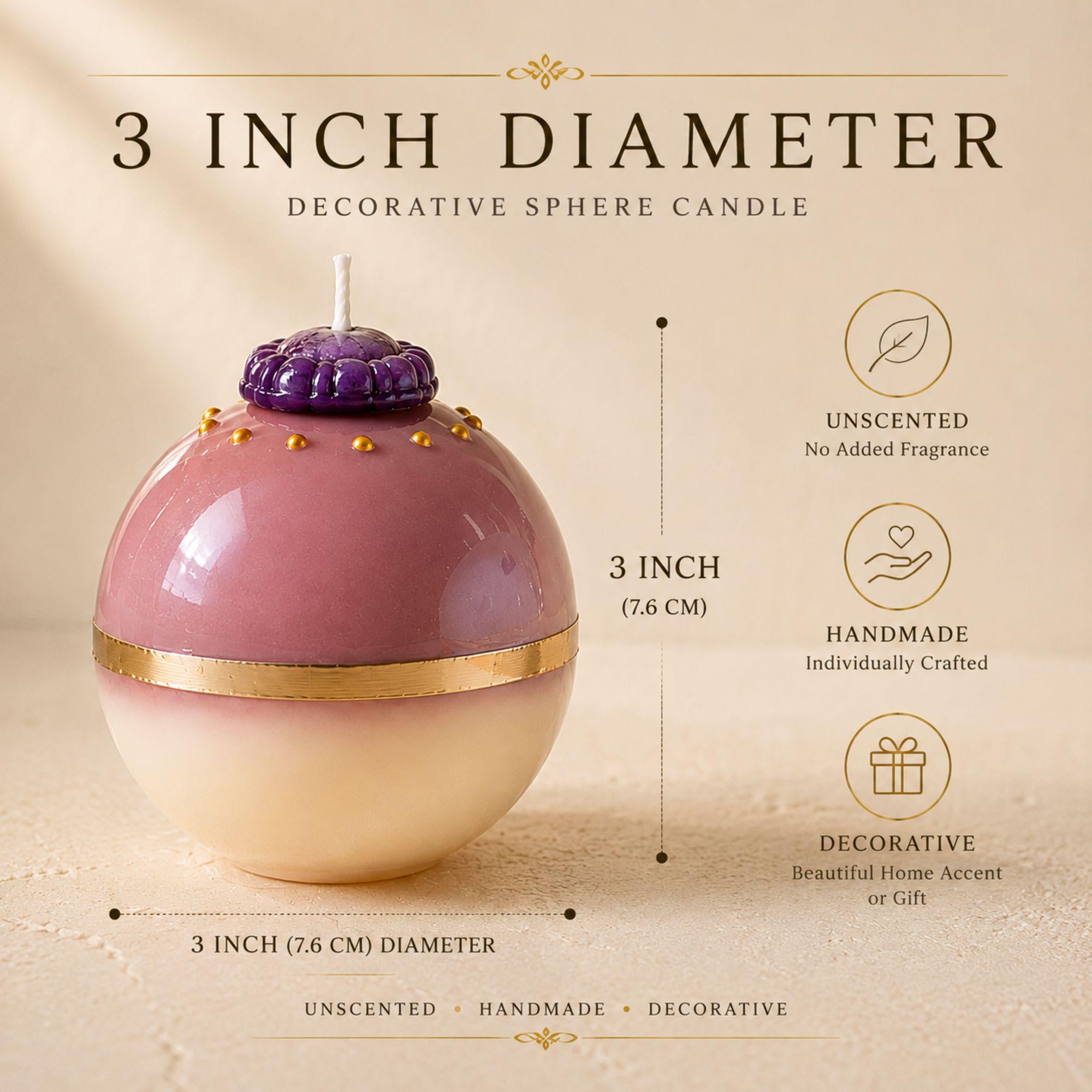 Unscented 3 inch decorative sphere candle with blush pink, purple and metallic gold details and an ivory base. Handmade sculptural ball candle designed as a distinctive home accent for coffee tables, shelves and decorative displays, with no added fragrance.