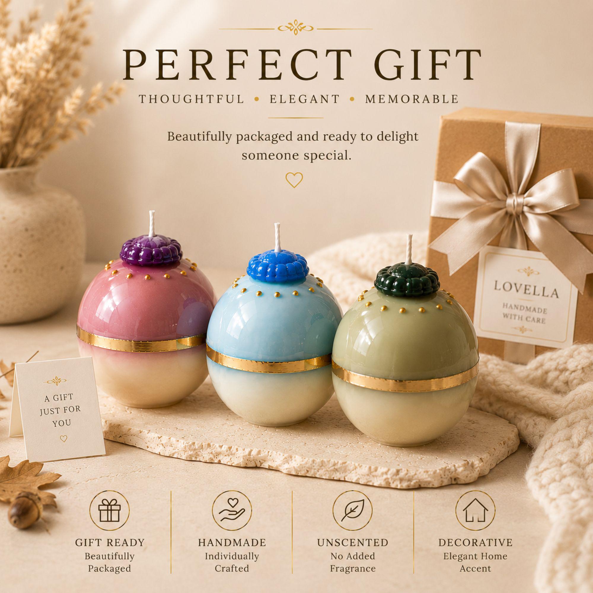Handmade decorative candle gift featuring three unscented sphere candles with gold accents in blush pink, aqua blue and pale green. Gift ready sculptural candle collection for housewarming, birthday, hostess, thank you and special occasion gifts for women and home decor lovers.