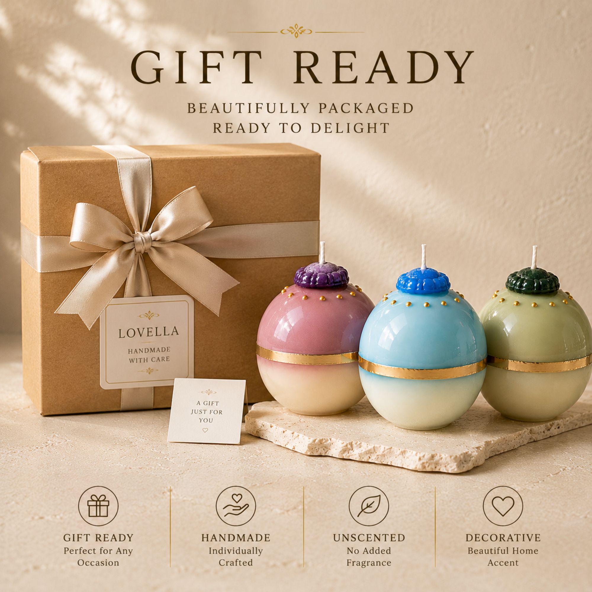 Gift ready handmade sphere candle collection with elegant gift box packaging. Pink, blue and green decorative ball candles feature ivory bases and metallic gold accents, creating a unique candle gift for birthdays, housewarmings, hostesses, women and home decor lovers.