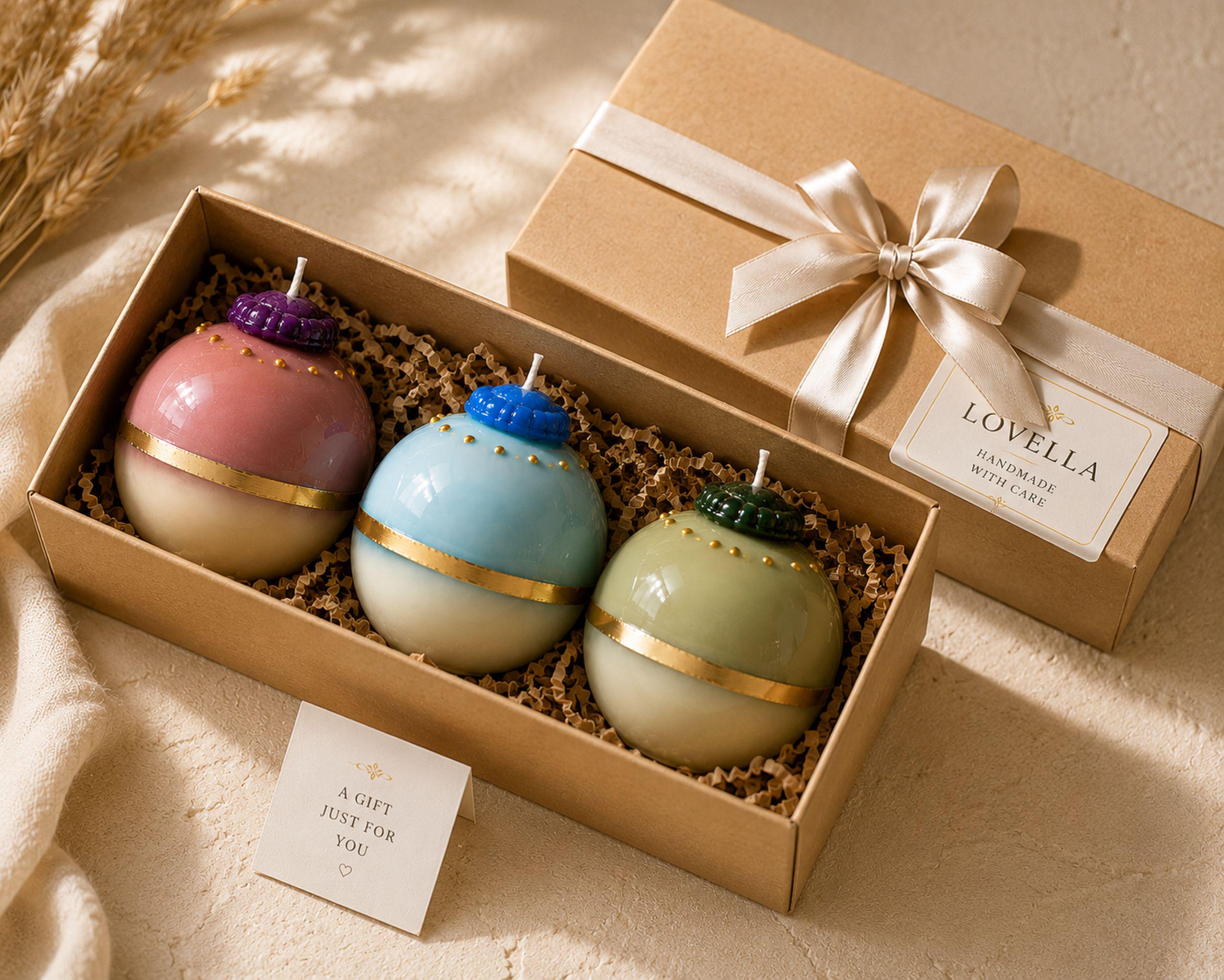 Gilded Orb candle trio presented in gift ready packaging with three handmade decorative sphere candles in pink, blue and green colorways. Gold accent sculptural candles packaged together as a unique housewarming gift, hostess gift, birthday gift for her or home decor gift.