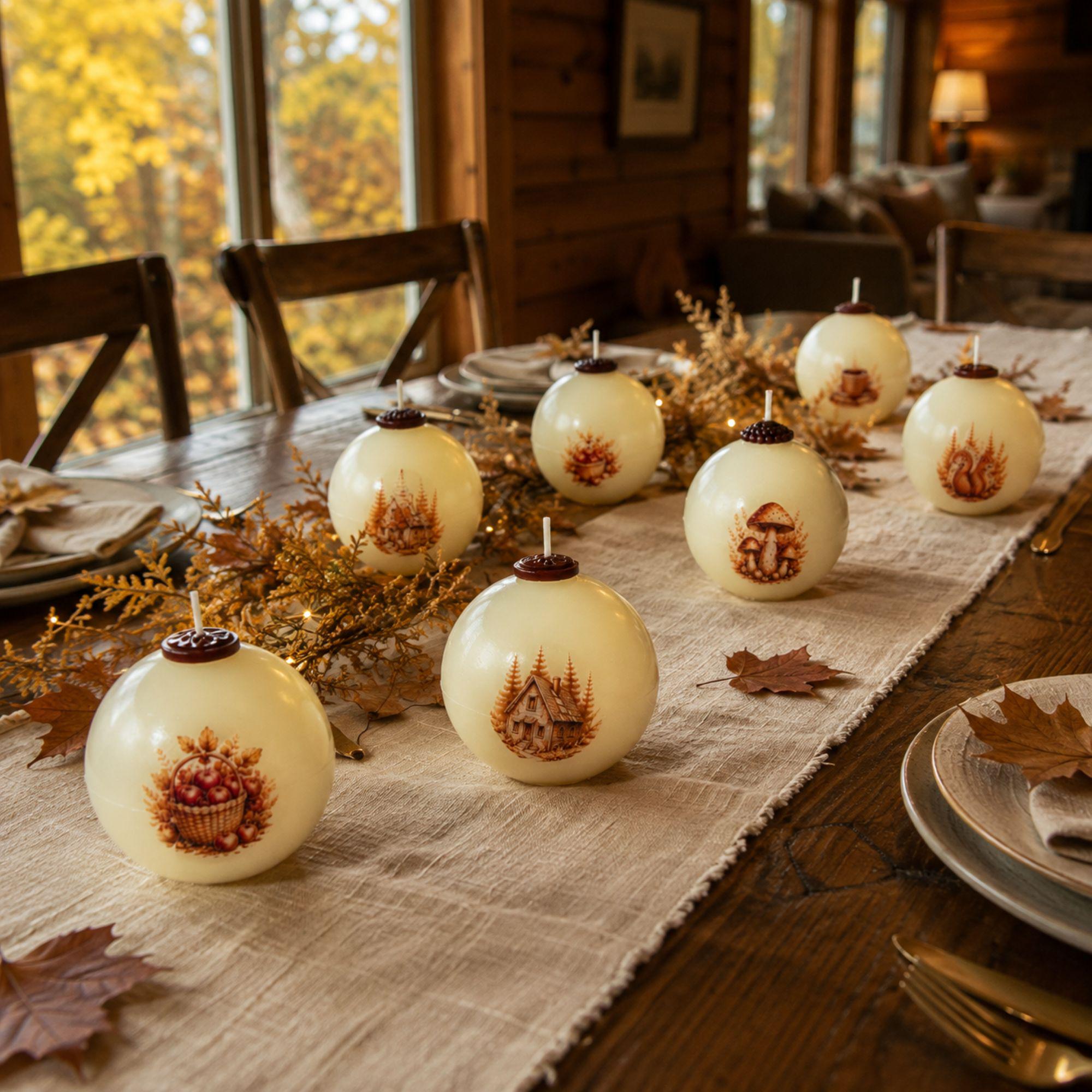 Handmade autumn sphere candle collection featuring ivory decorative fall candles with woodland cottage, mushrooms, harvest apples, pumpkins, acorns, squirrel, figs, berries, fall leaves, flowers, coffee and cozy book designs. Styled as glowing fall home decor for Thanksgiving table centerpiece, autumn dining table decor, fall mantel decoration, rustic farmhouse decor, cottagecore decor and cozy cabin decor. Unique fall candles for hostess gifts, housewarming gifts and Thanksgiving entertaining.