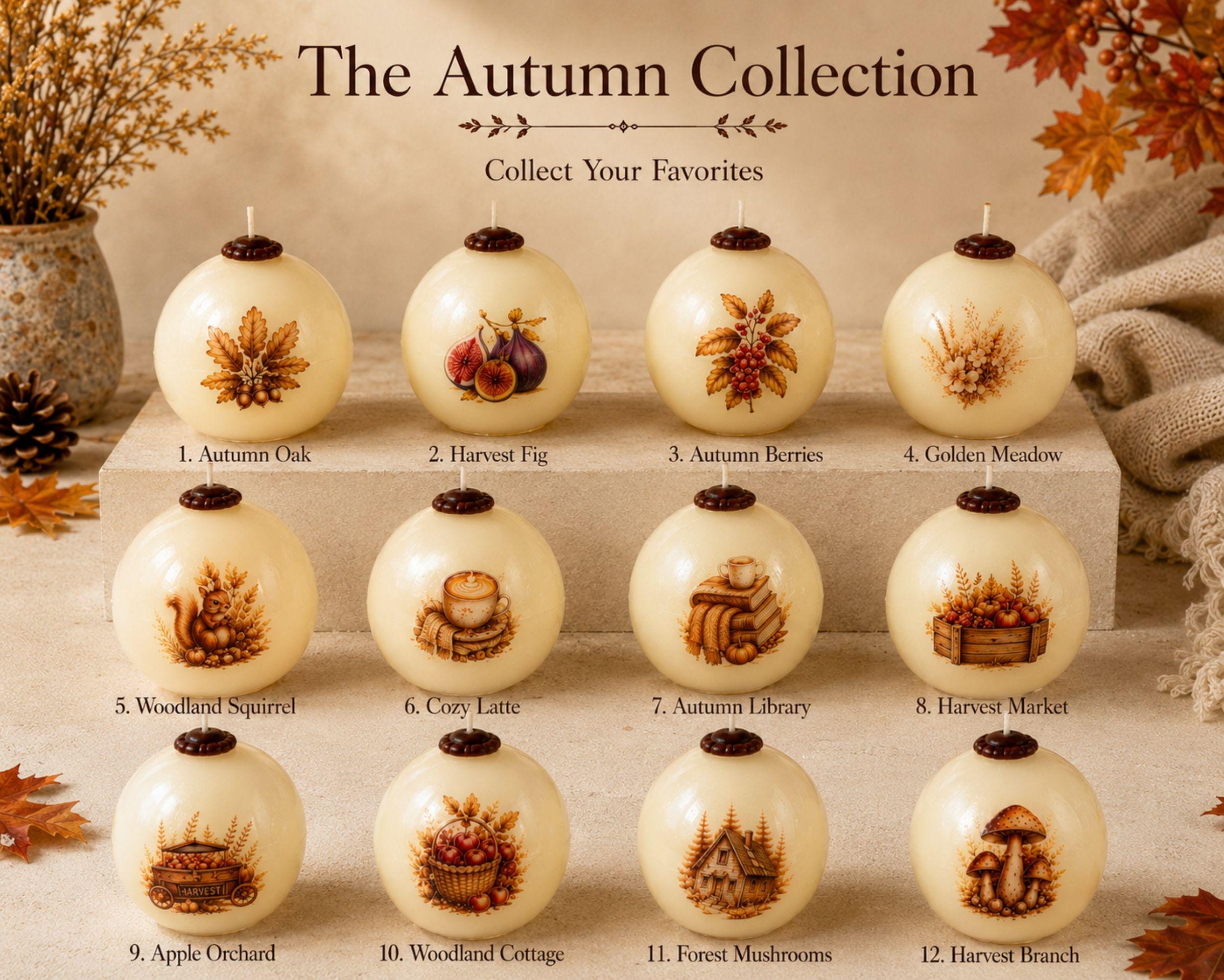 Handmade autumn sphere candle collection featuring ivory decorative fall candles with woodland cottage, mushrooms, harvest apples, pumpkins, acorns, squirrel, figs, berries, fall leaves, flowers, coffee and cozy book designs. Styled as glowing fall home decor for Thanksgiving table centerpiece, autumn dining table decor, fall mantel decoration, rustic farmhouse decor, cottagecore decor and cozy cabin decor. Unique fall candles for hostess gifts, housewarming gifts and Thanksgiving entertaining.