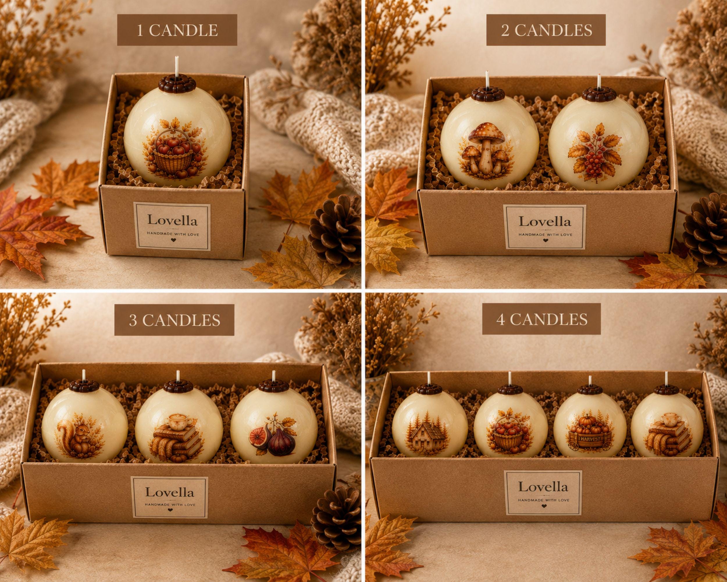 Handmade autumn sphere candle collection featuring ivory decorative fall candles with woodland cottage, mushrooms, harvest apples, pumpkins, acorns, squirrel, figs, berries, fall leaves, flowers, coffee and cozy book designs. Styled as glowing fall home decor for Thanksgiving table centerpiece, autumn dining table decor, fall mantel decoration, rustic farmhouse decor, cottagecore decor and cozy cabin decor. Unique fall candles for hostess gifts, housewarming gifts and Thanksgiving entertaining.